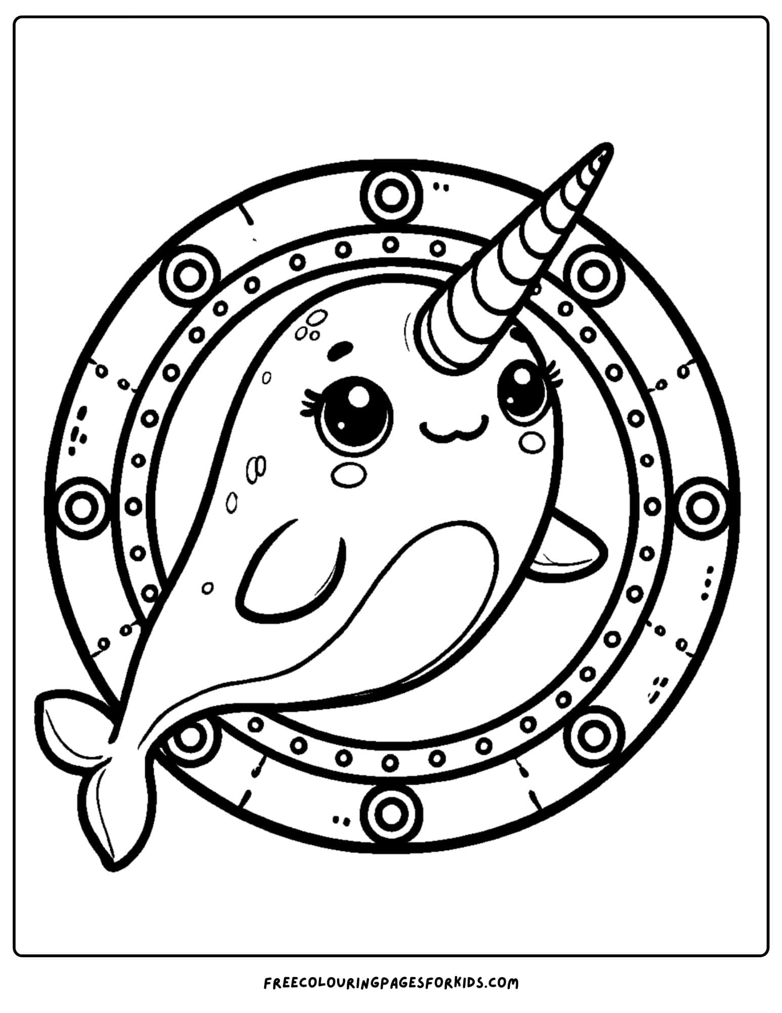 narwhal peaking in a submarine window coloring page