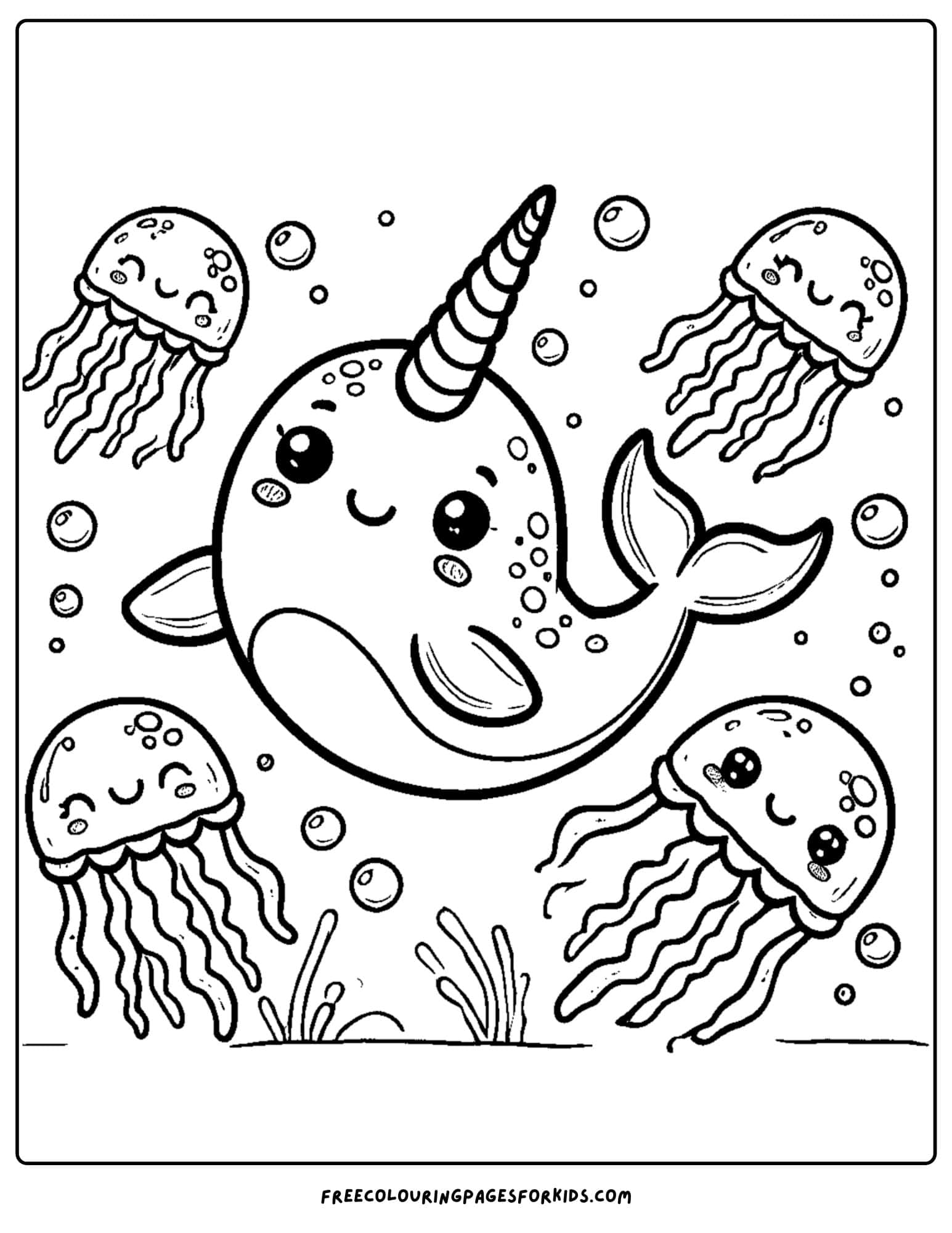 narwhal swimming with jellyfish coloring page