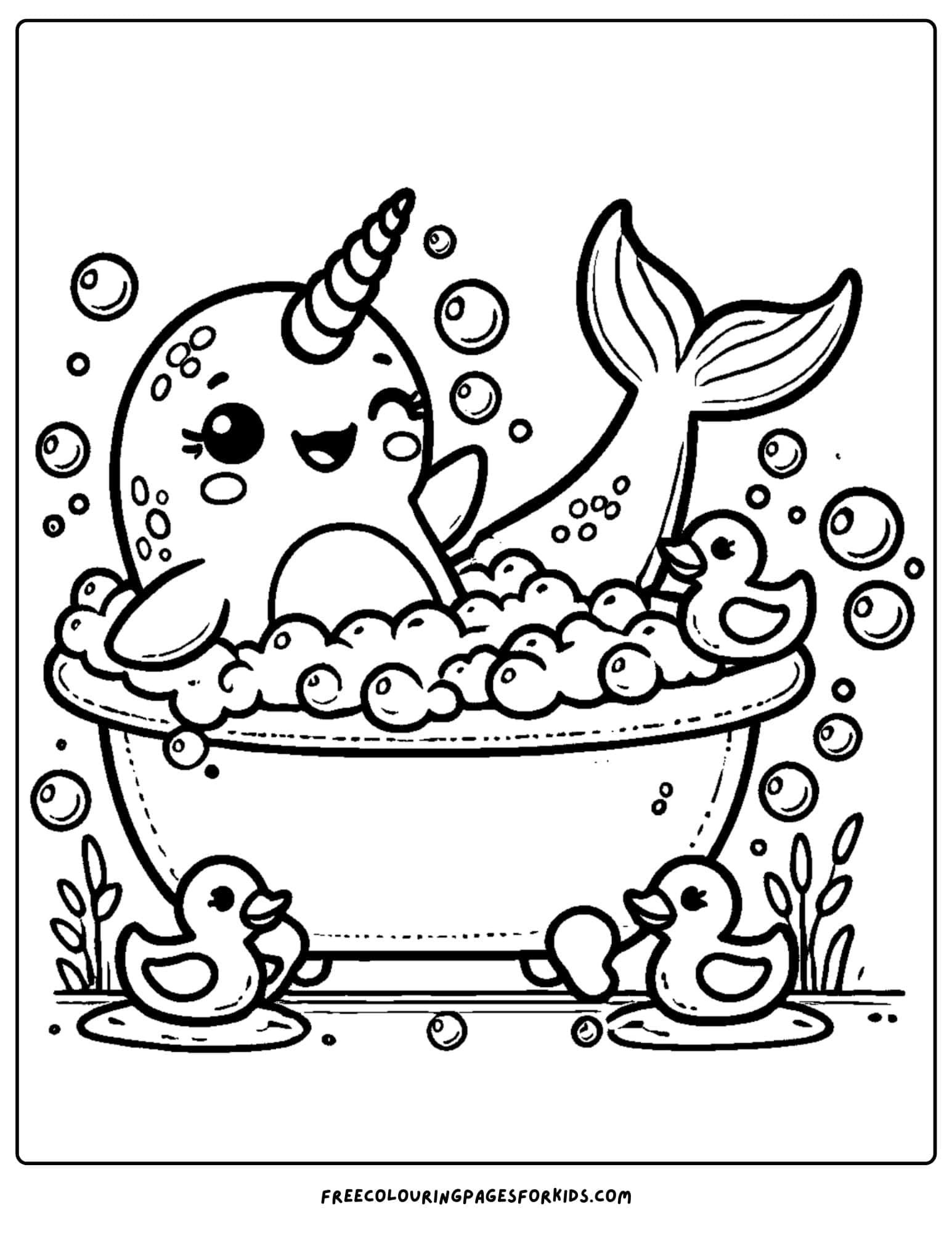 narwhal taking a bath coloring page