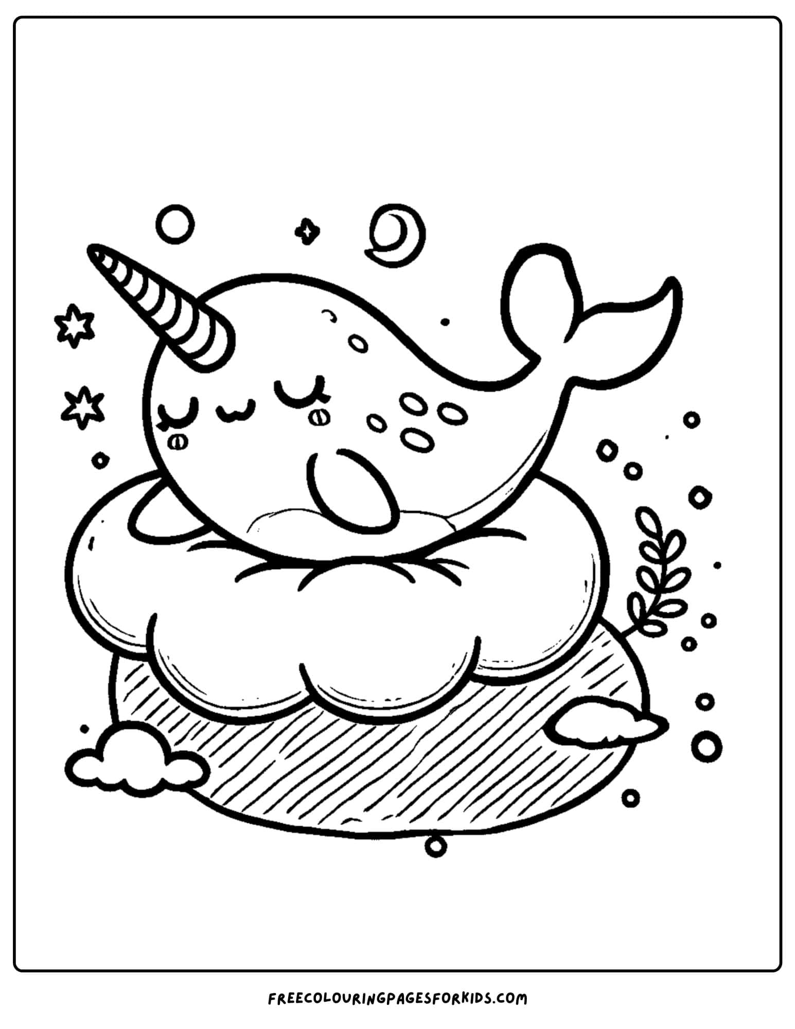 narwhal sleeping on a cloud coloring page