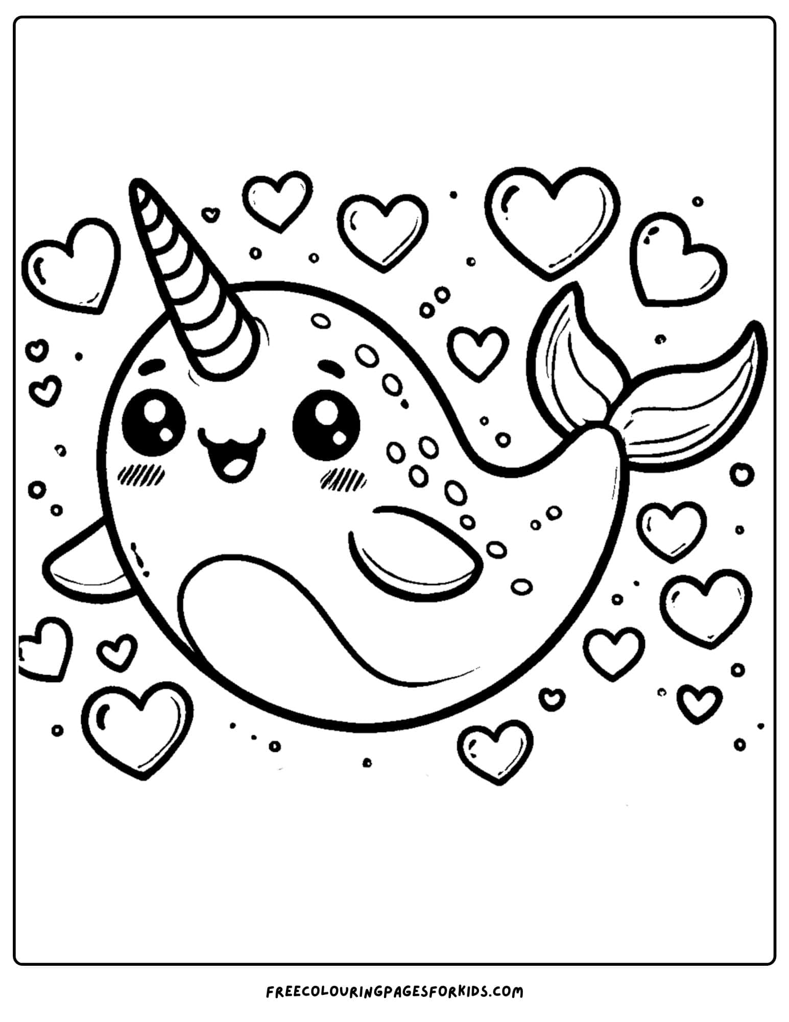 narwhal surrounded by hearts coloring page