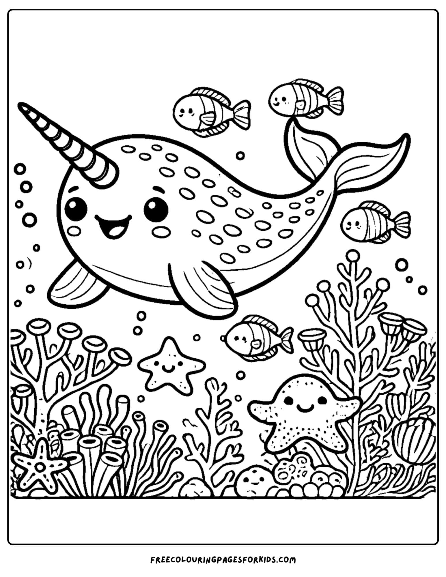 narwhal swimming near coral coloring page