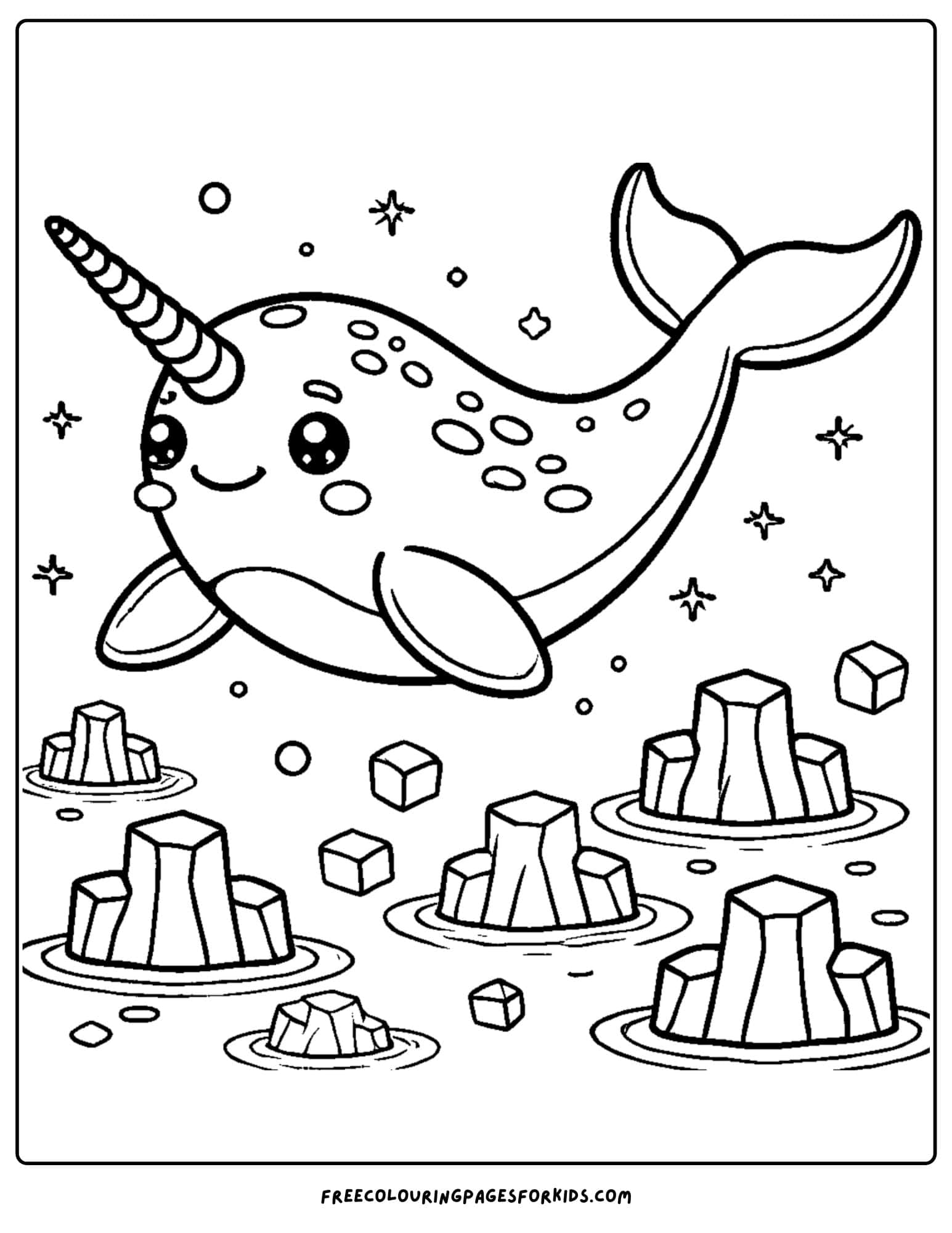 narwhal swimming amongst ice coloring page