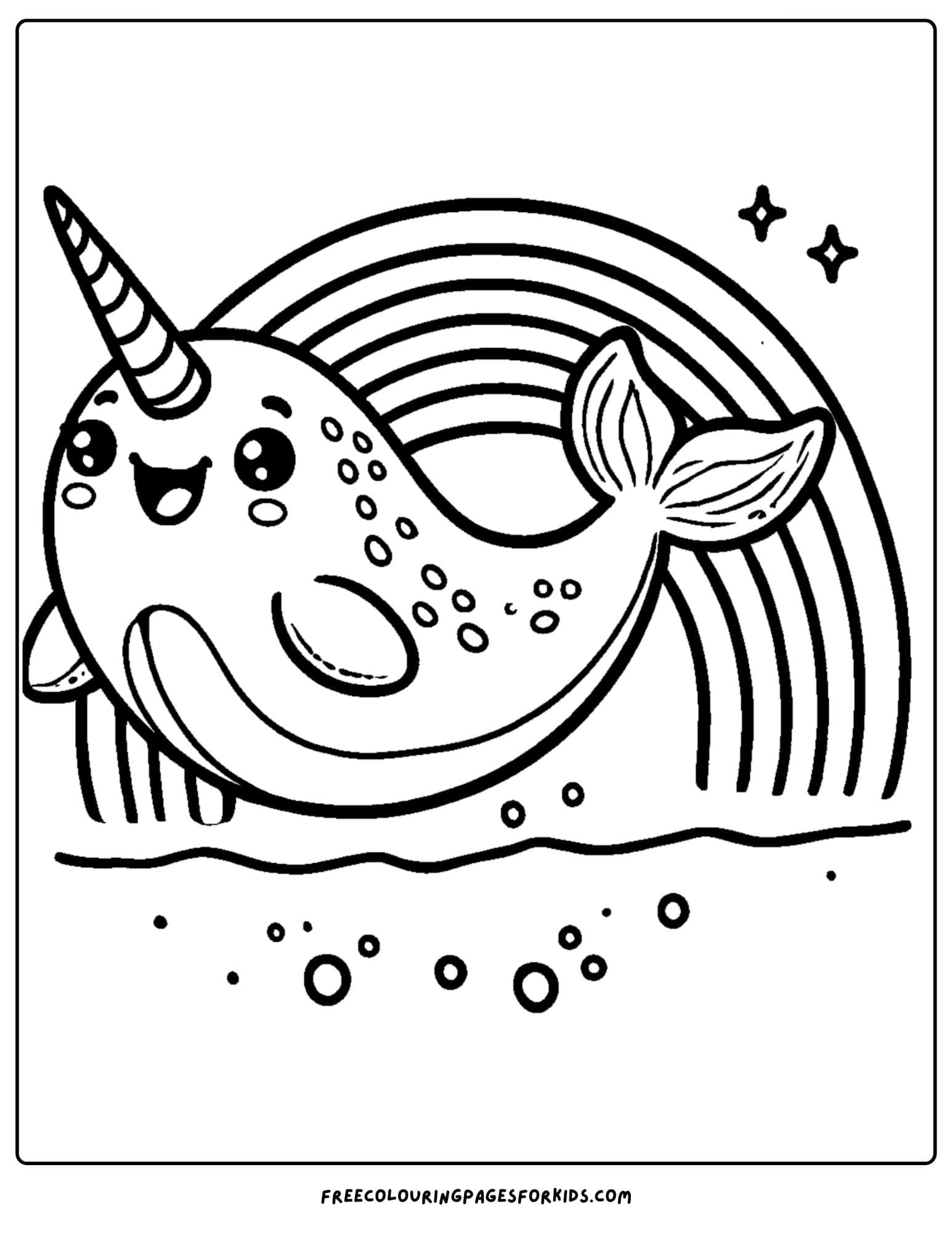 narwhal swimming under a rainbow coloring page