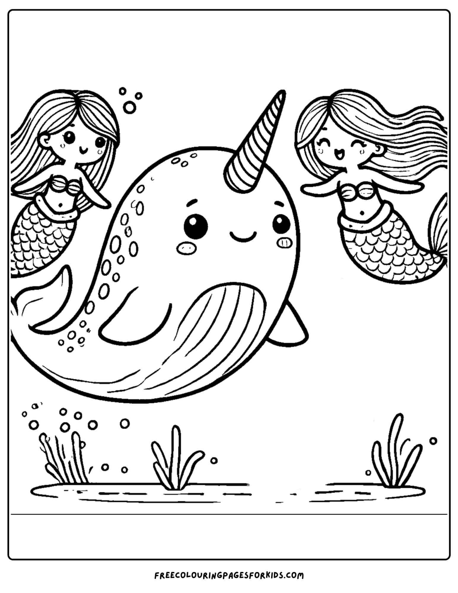 narwhal swimming with mermaids coloring page