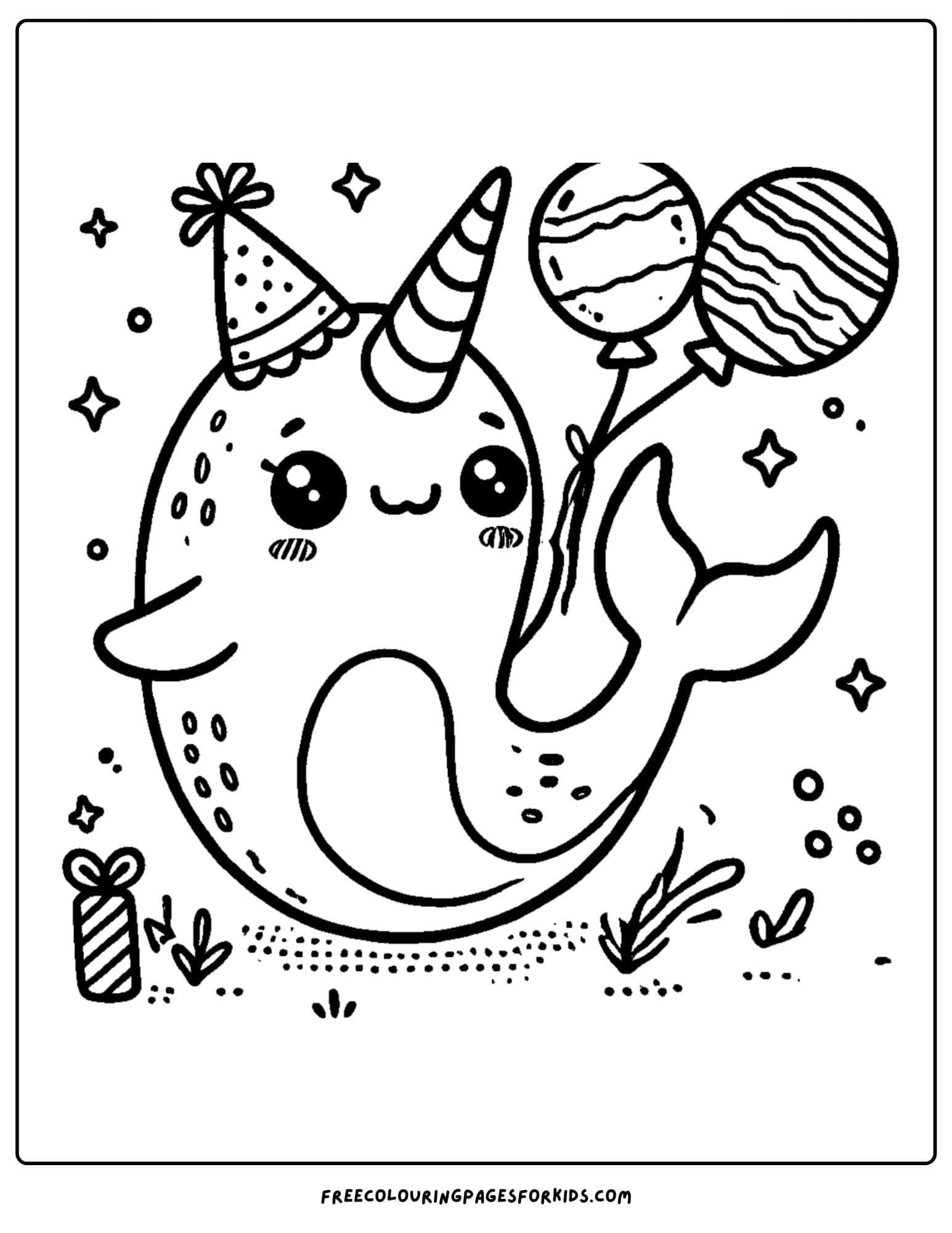 narwhal wearing a party hat and holding balloons coloring page