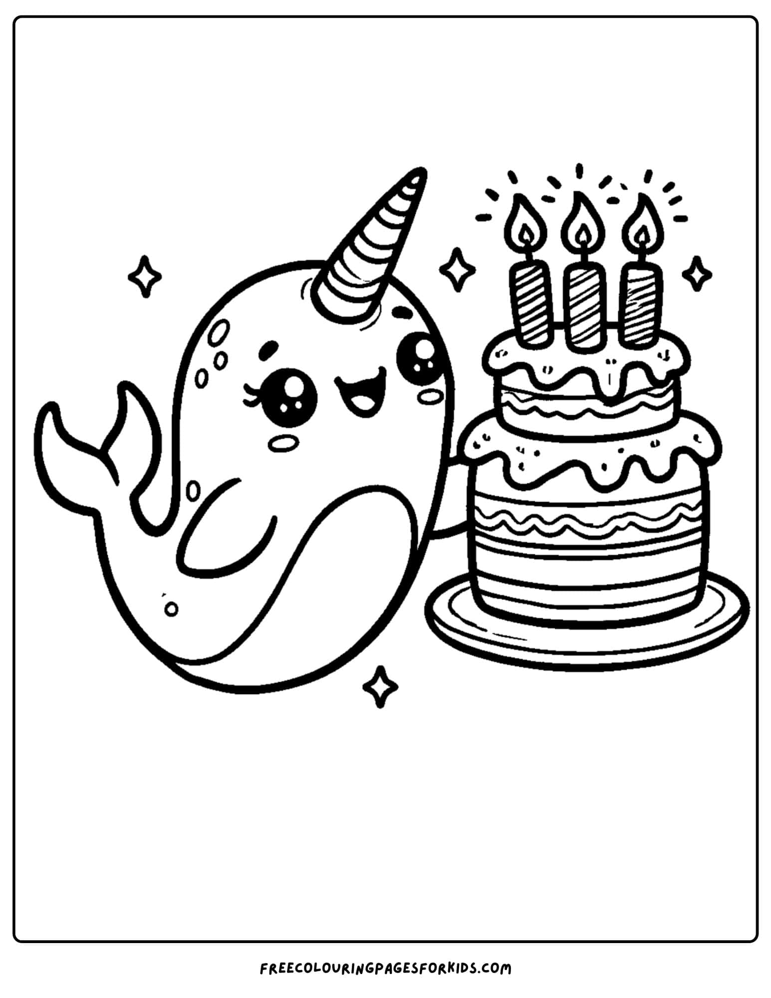 narwhal with a birthday cake coloring page