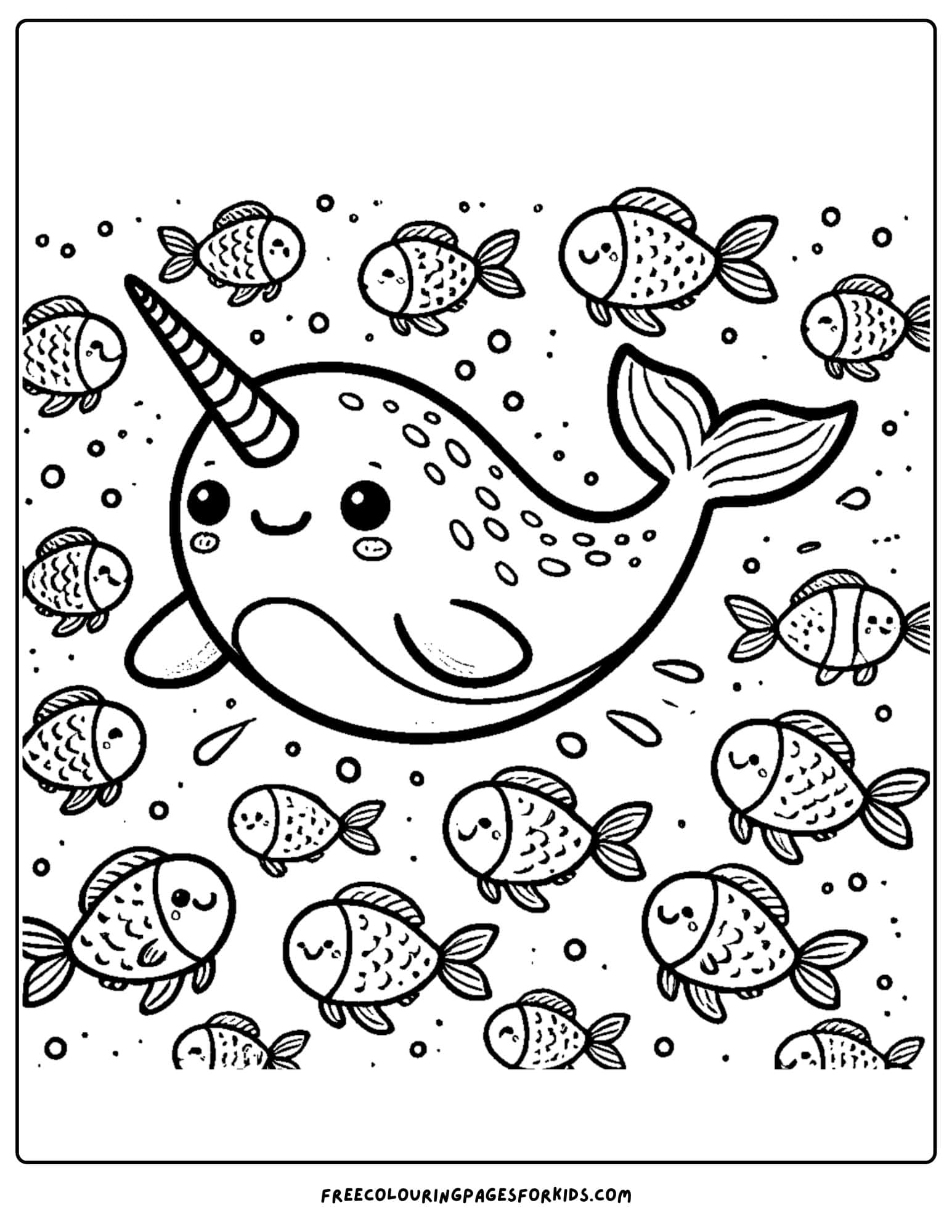 narwhal swimming with a school of fish coloring page