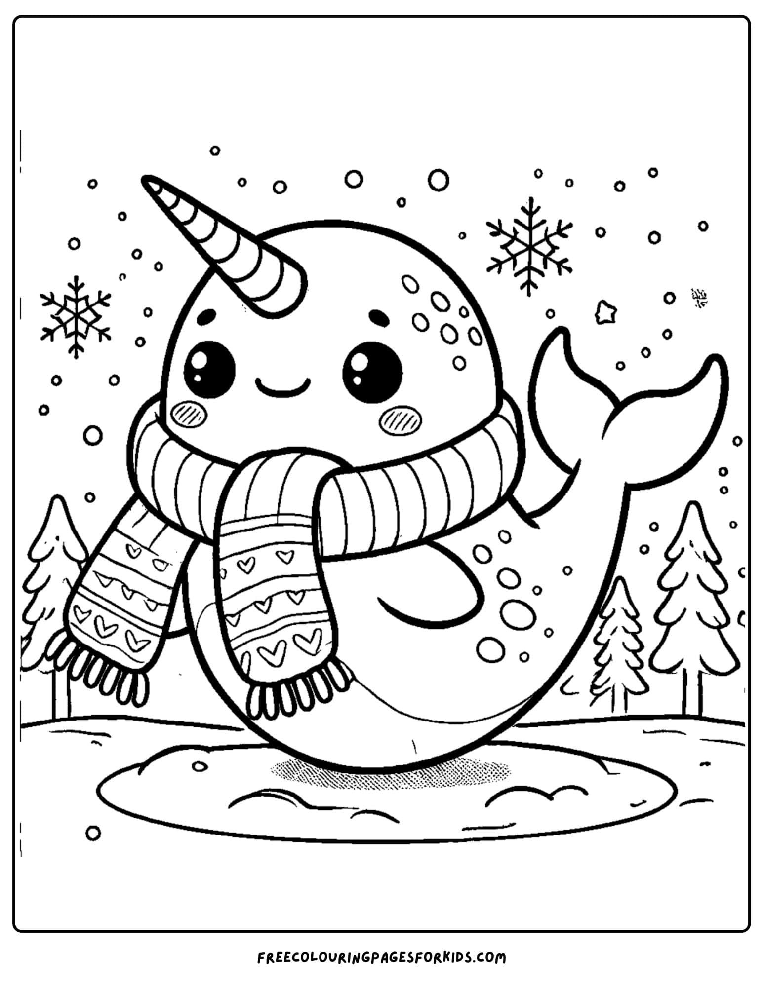 narwhal wrapped in a scarf in the cold coloring page