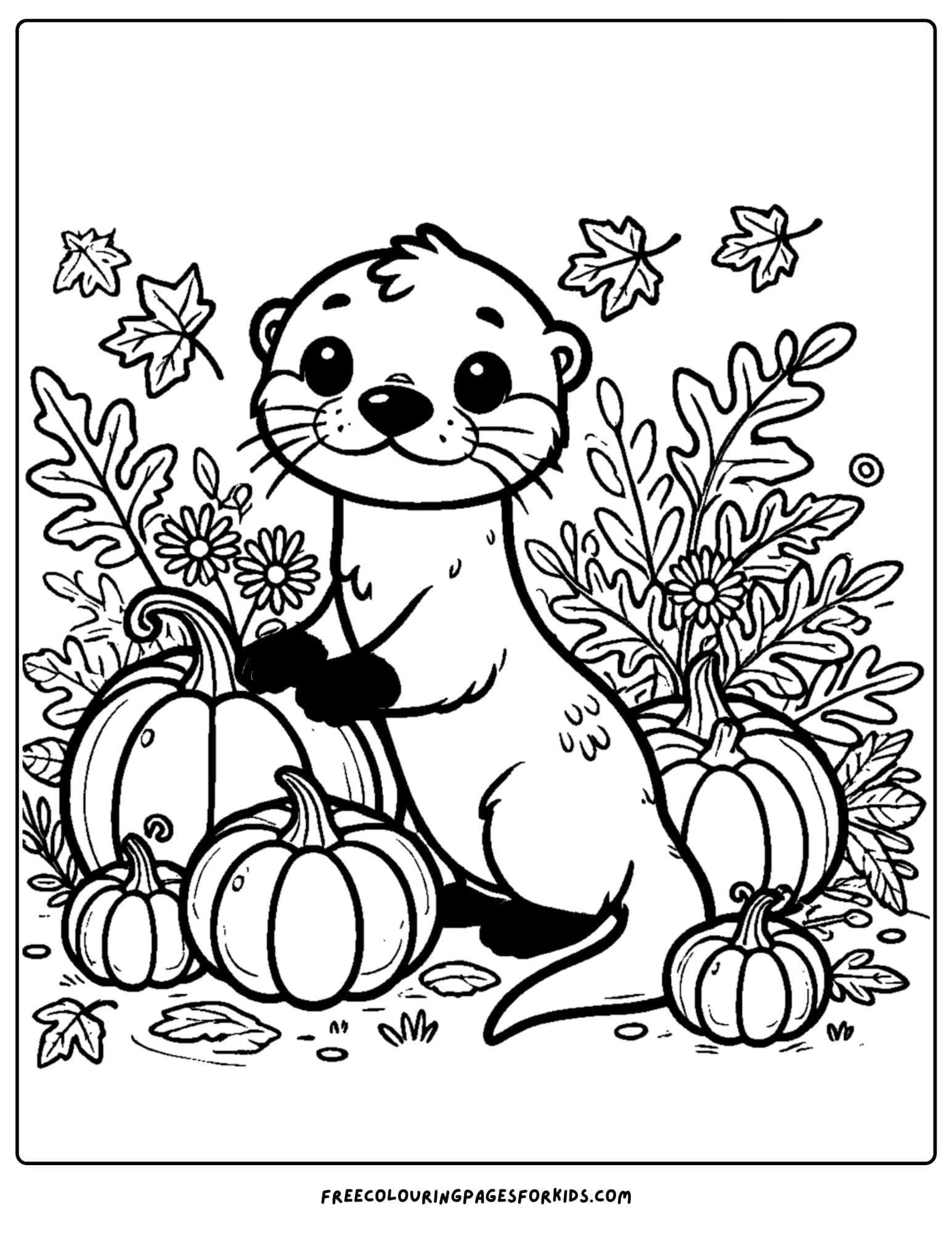 an otter in a pumpkin patch