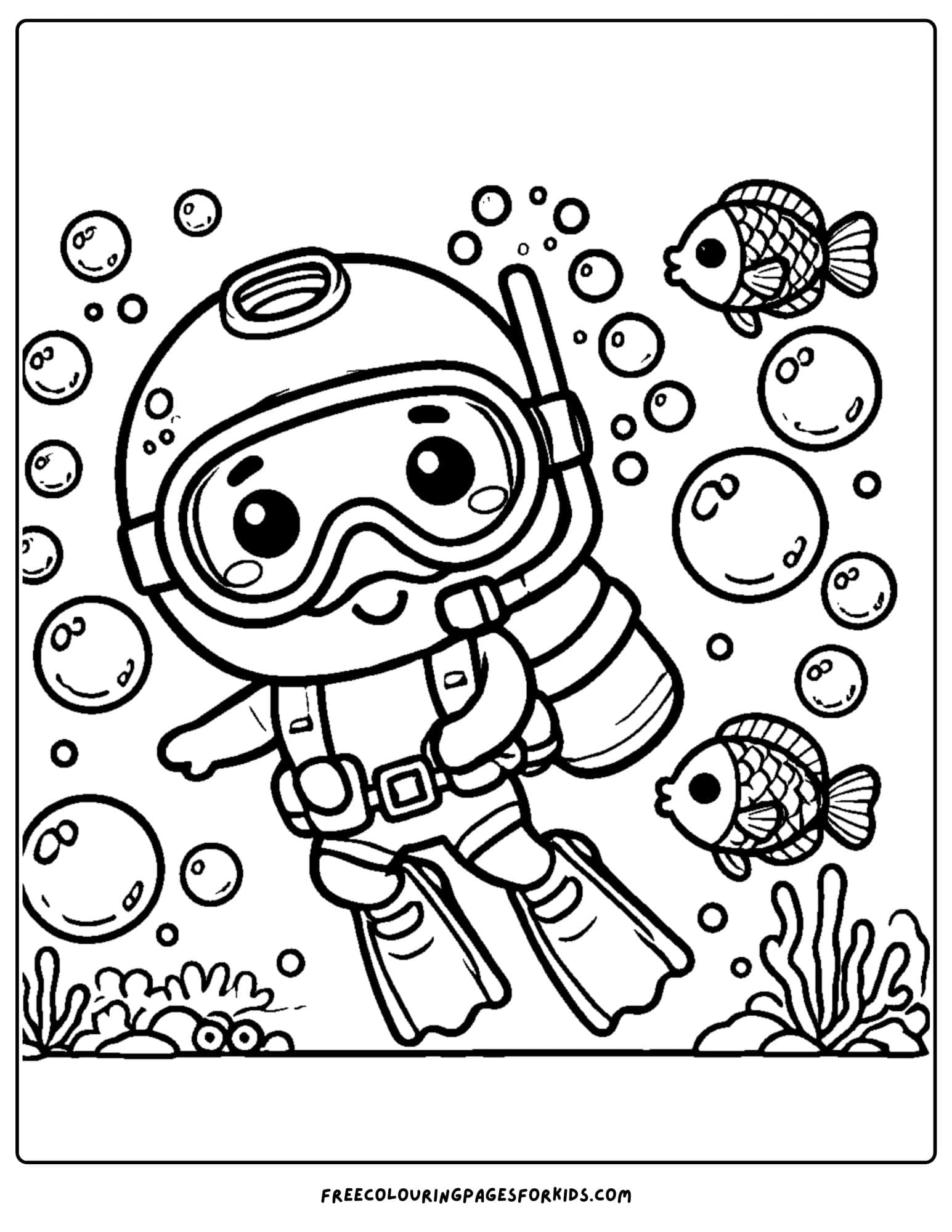 scuba diver surrounded by bubbles coloring page