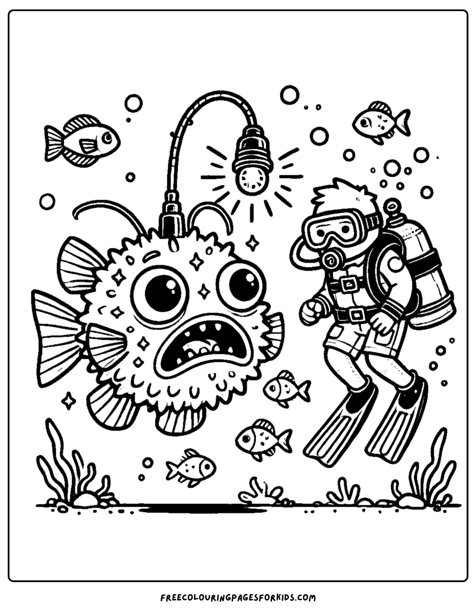 scuba diver finding an anglerfish and scaring it coloring page