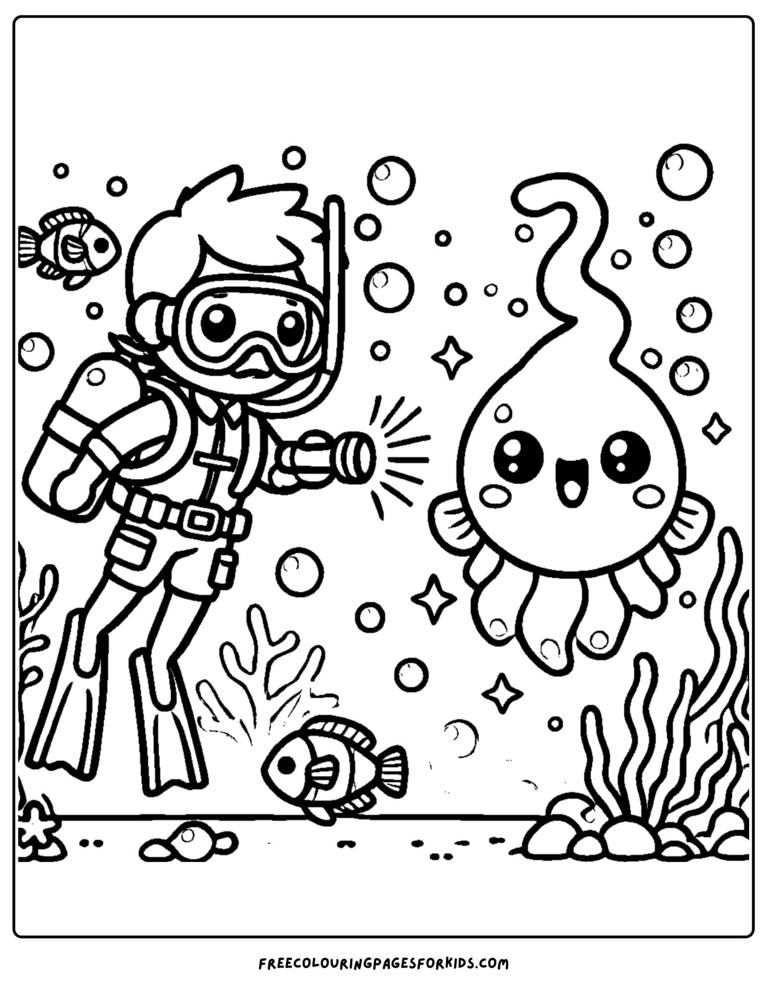 scuba diver finding a glowing fish deep under the ocean coloring page