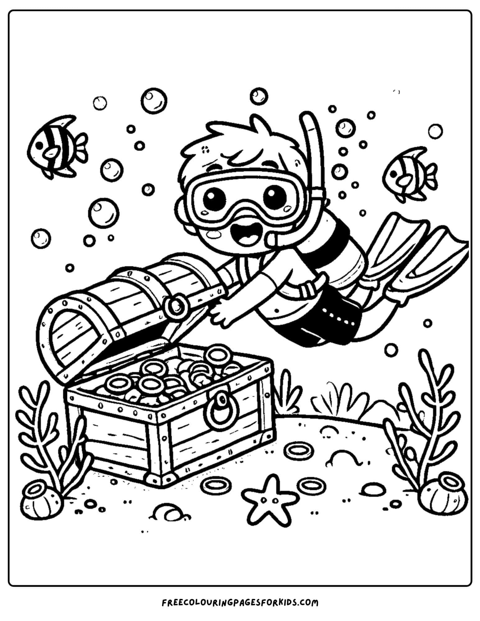 scuba diver finding treasure coloring page