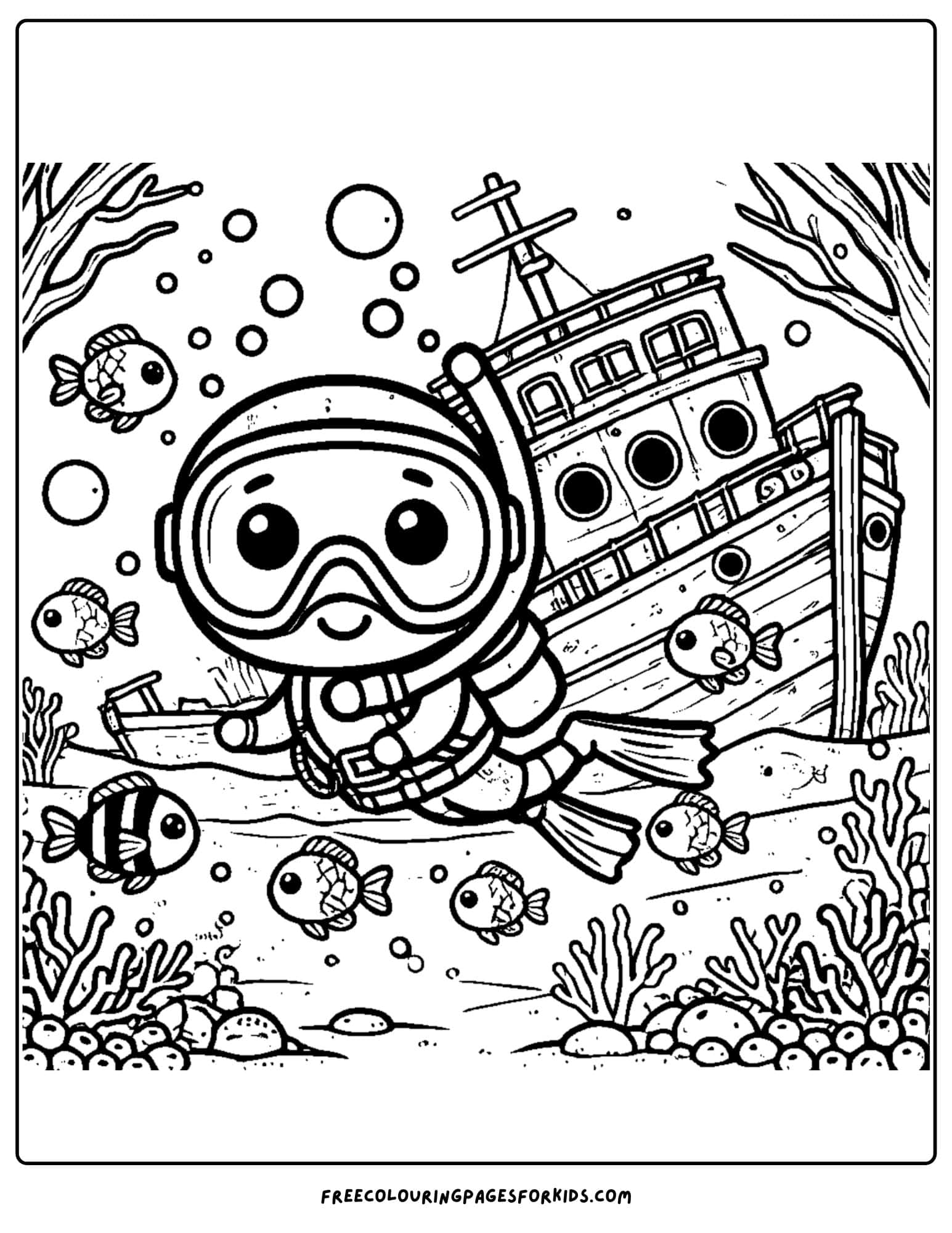 scuba diver exploring a shipwreck coloring page