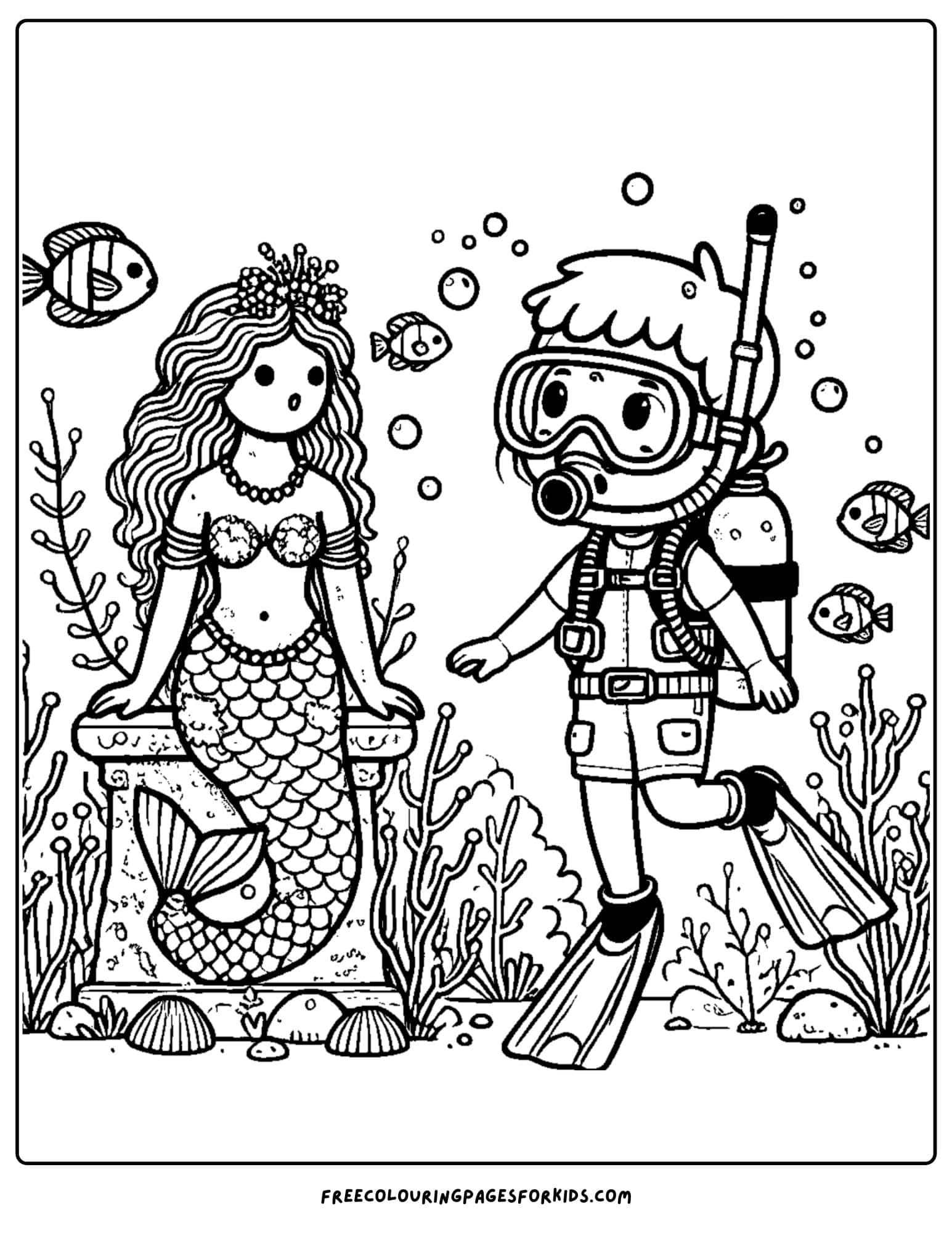 scuba diver finding a mermaid statue coloring page