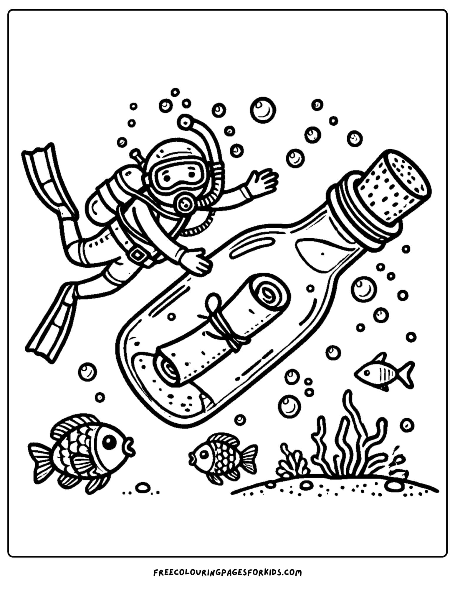 scuba diver finding a message in a bottle coloring page