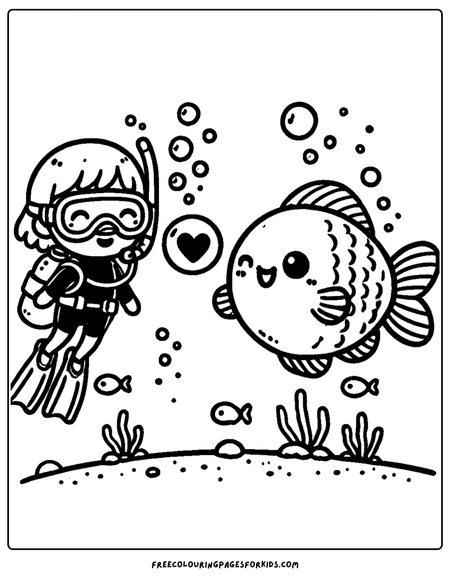 scuba diver with a fish blowing a heart coloring page