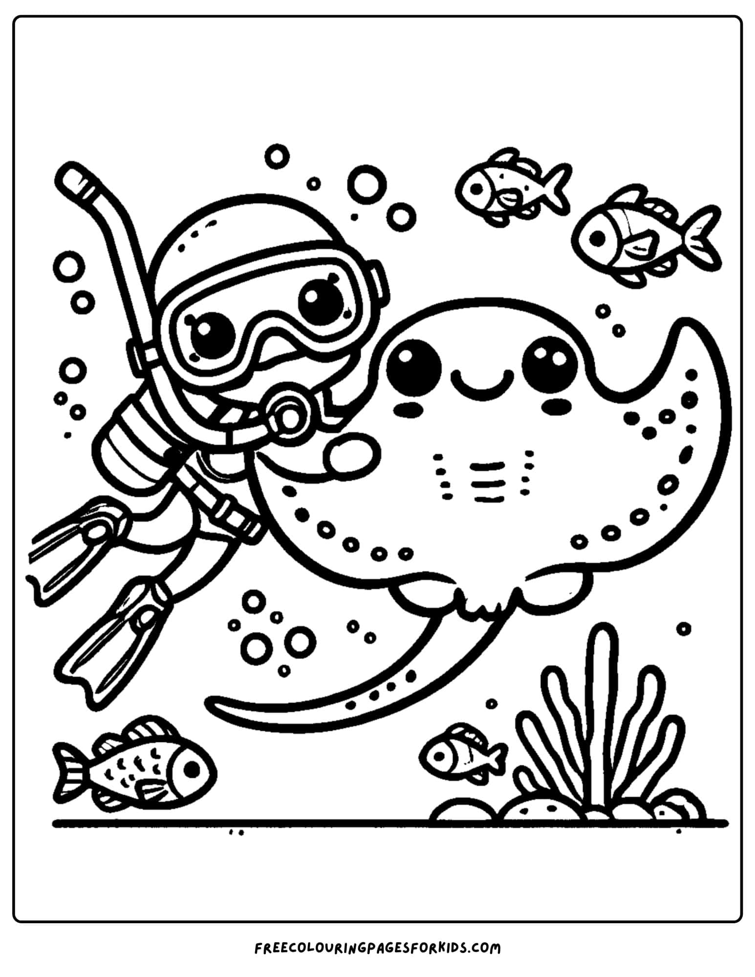 scuba diver and a stingray coloring page