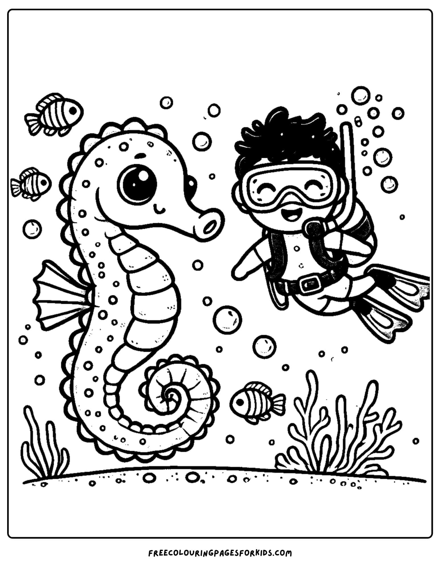 scuba diver and a seahorse coloring page