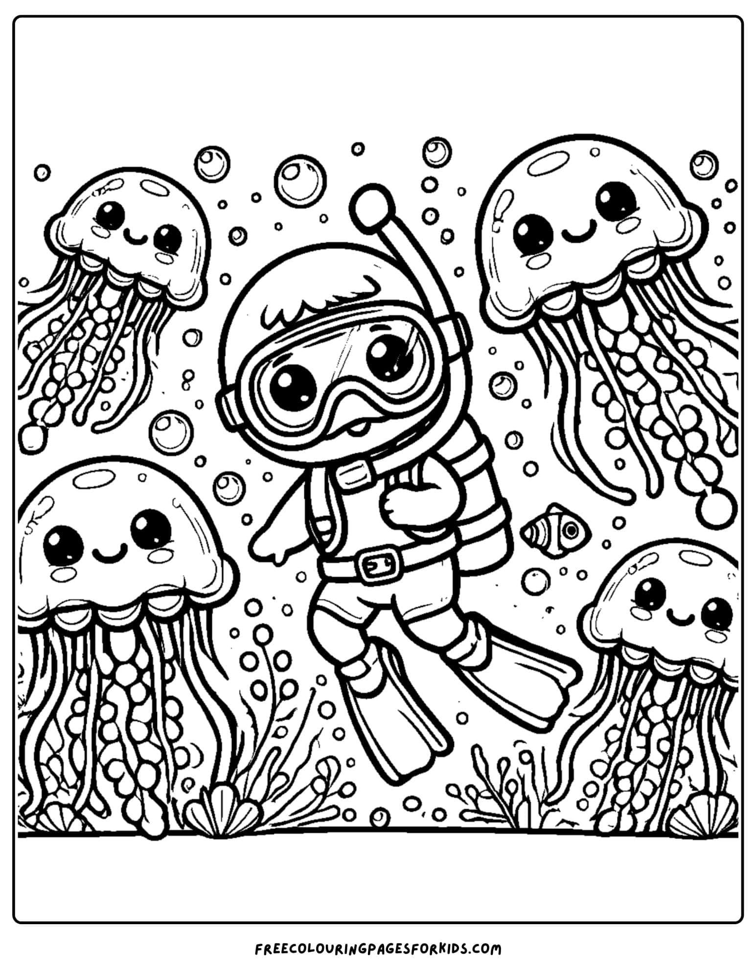 scuba diver and jellyfish coloring page