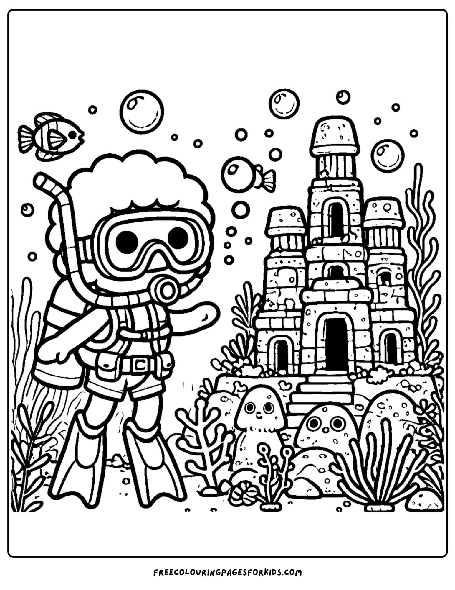 scuba diver finding an ancient city underwater coloring page