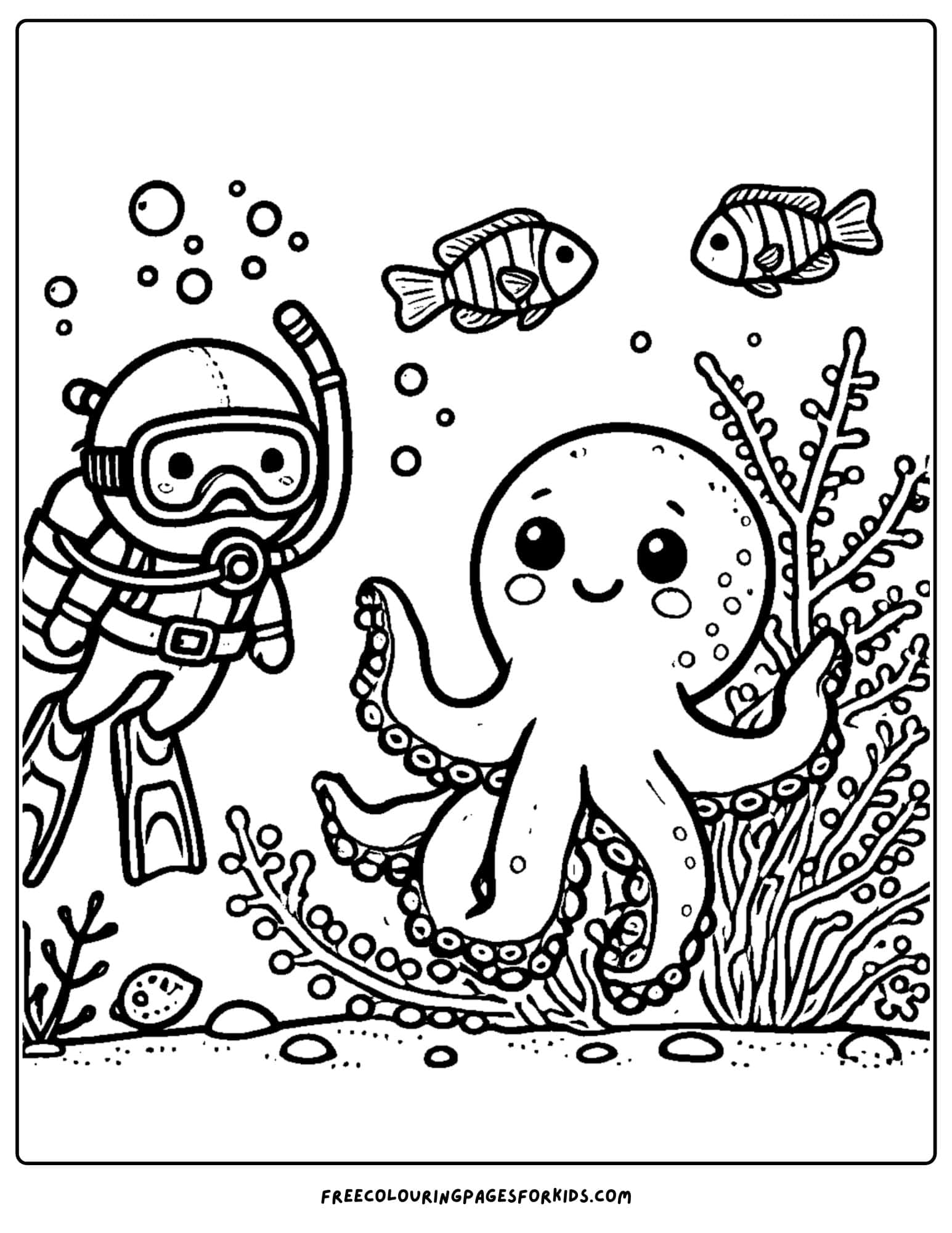 scuba diver playing with an octopus coloring page