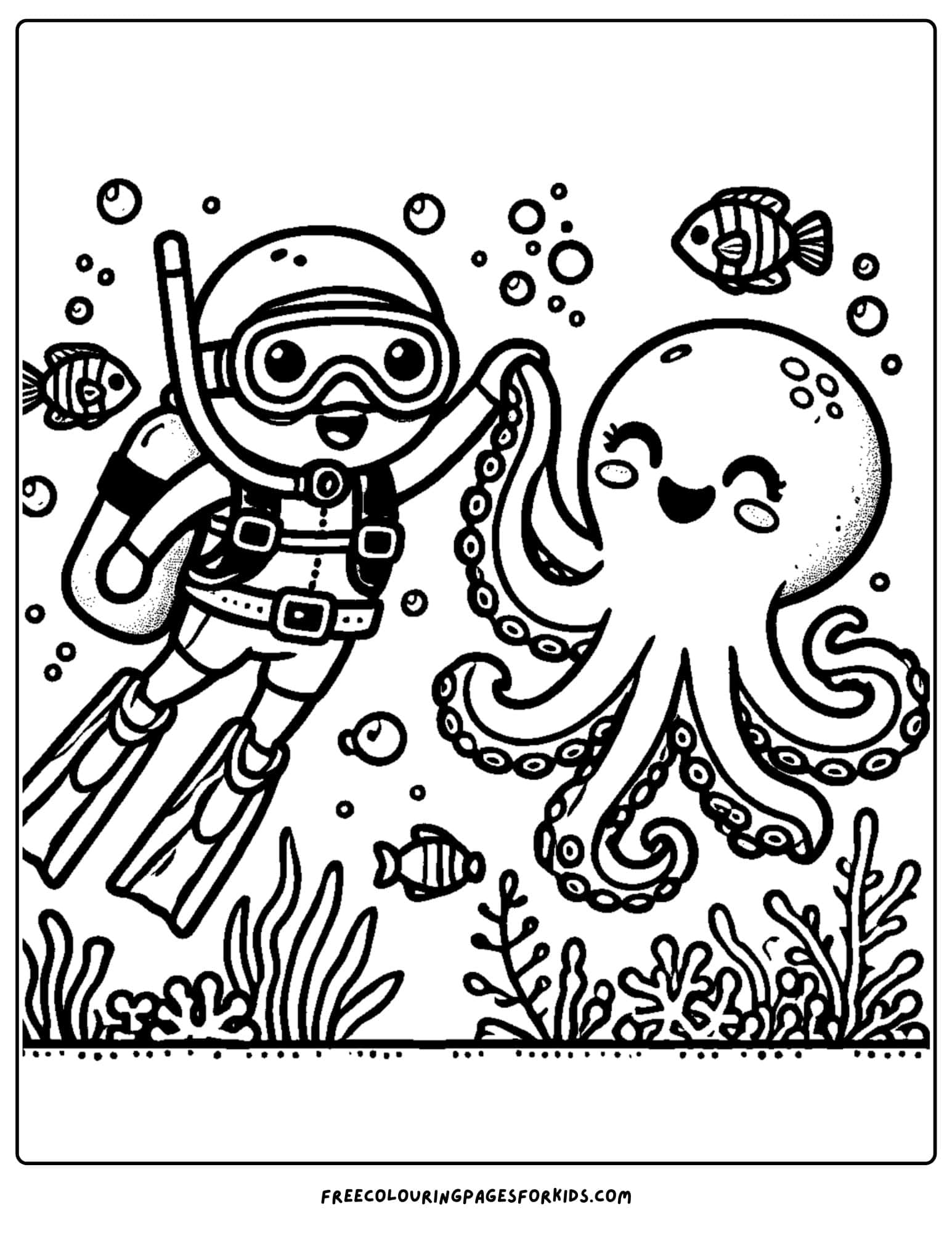 scuba diver high fiving an octopus coloring page