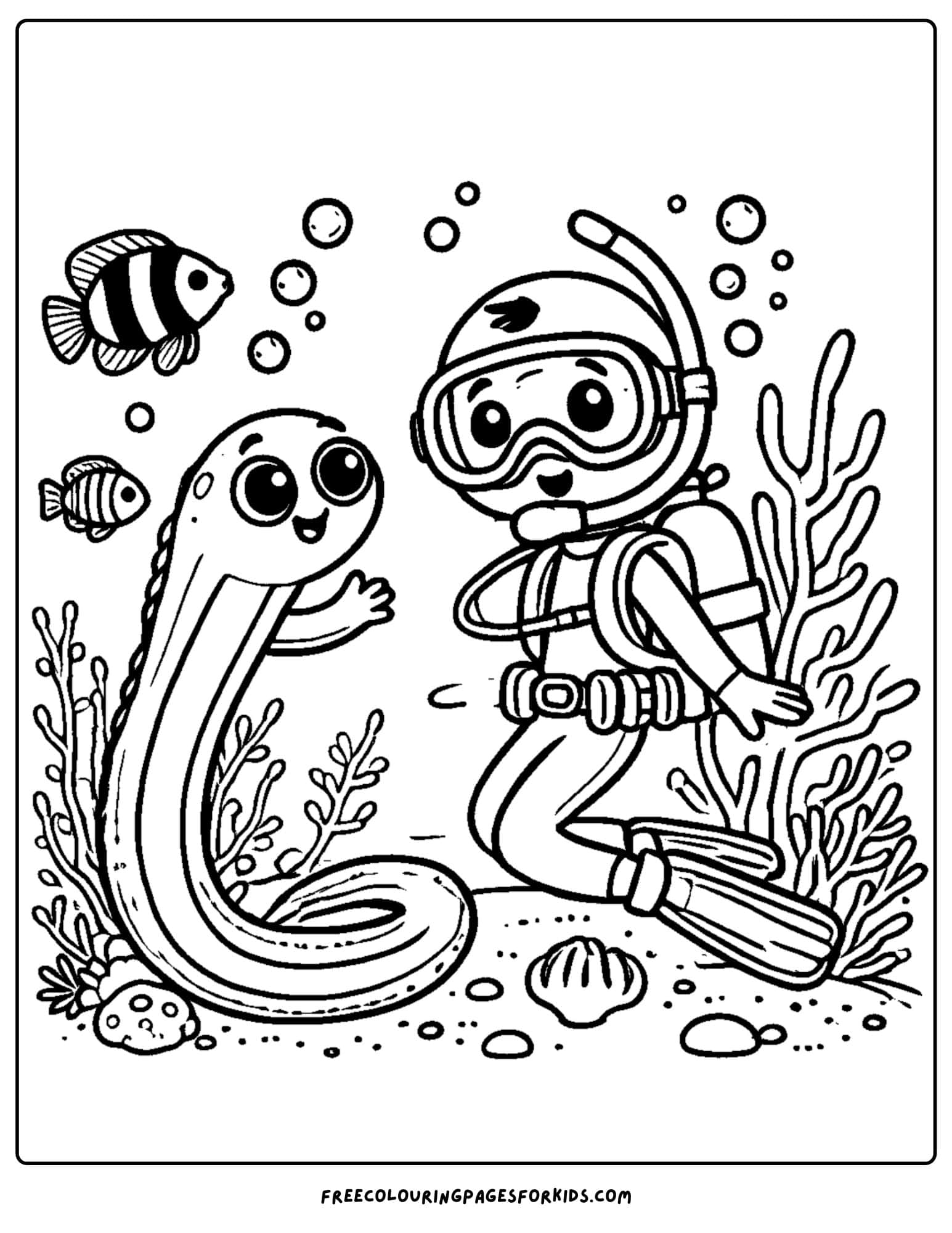 scuba diver and an eel coloring page