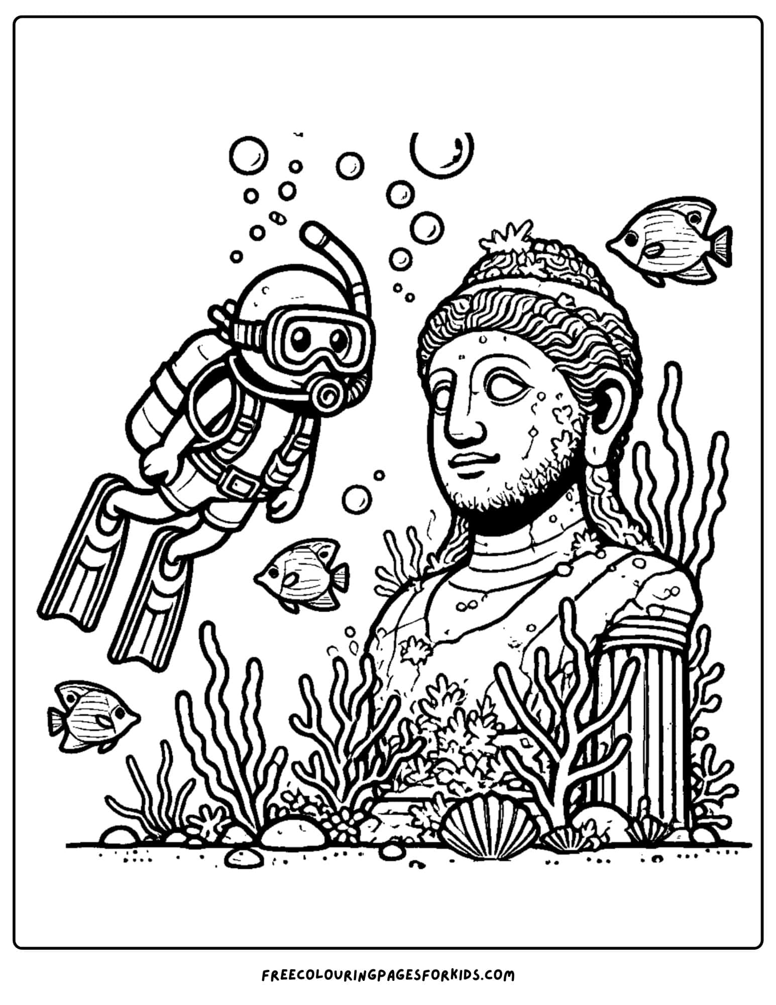 scuba diver finding an old statue underwater coloring page