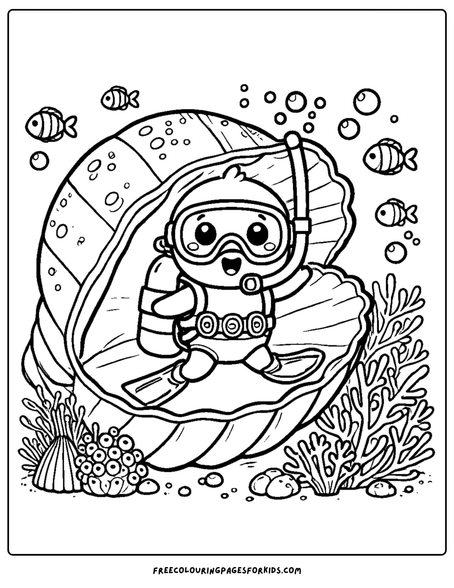 scuba diver in a giant clam shell coloring page