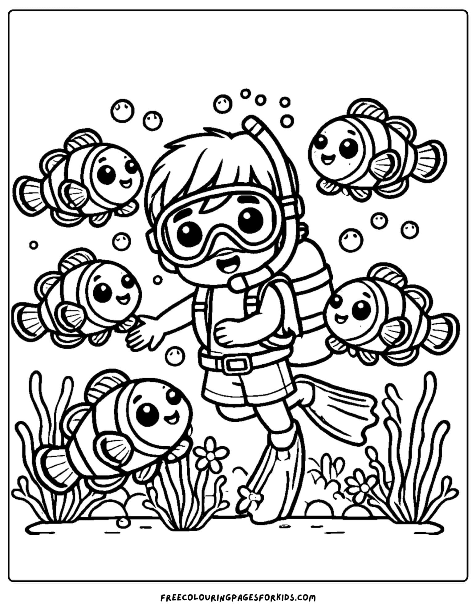 scuba diver and clownfish coloring page