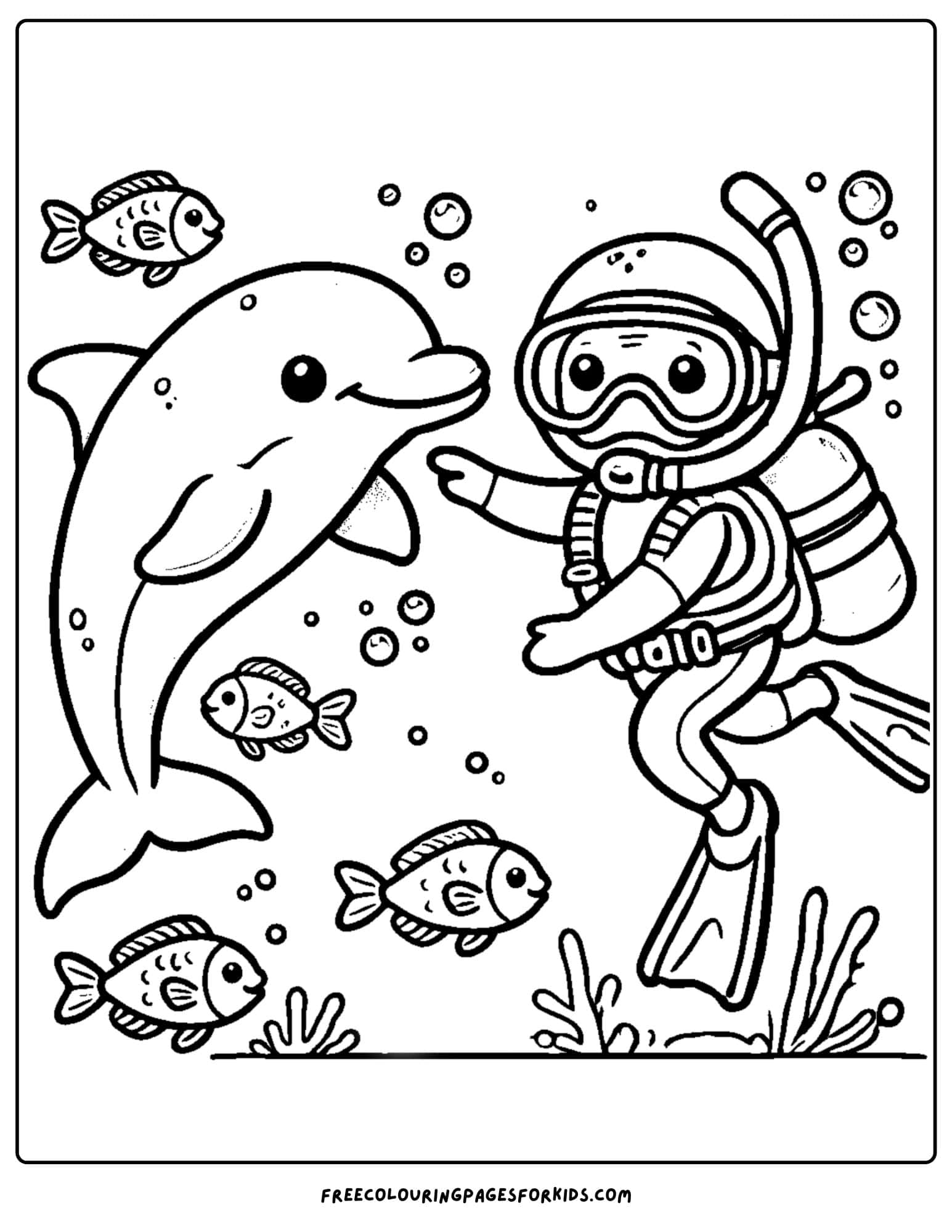 scuba diver playing with a dolphin coloring page