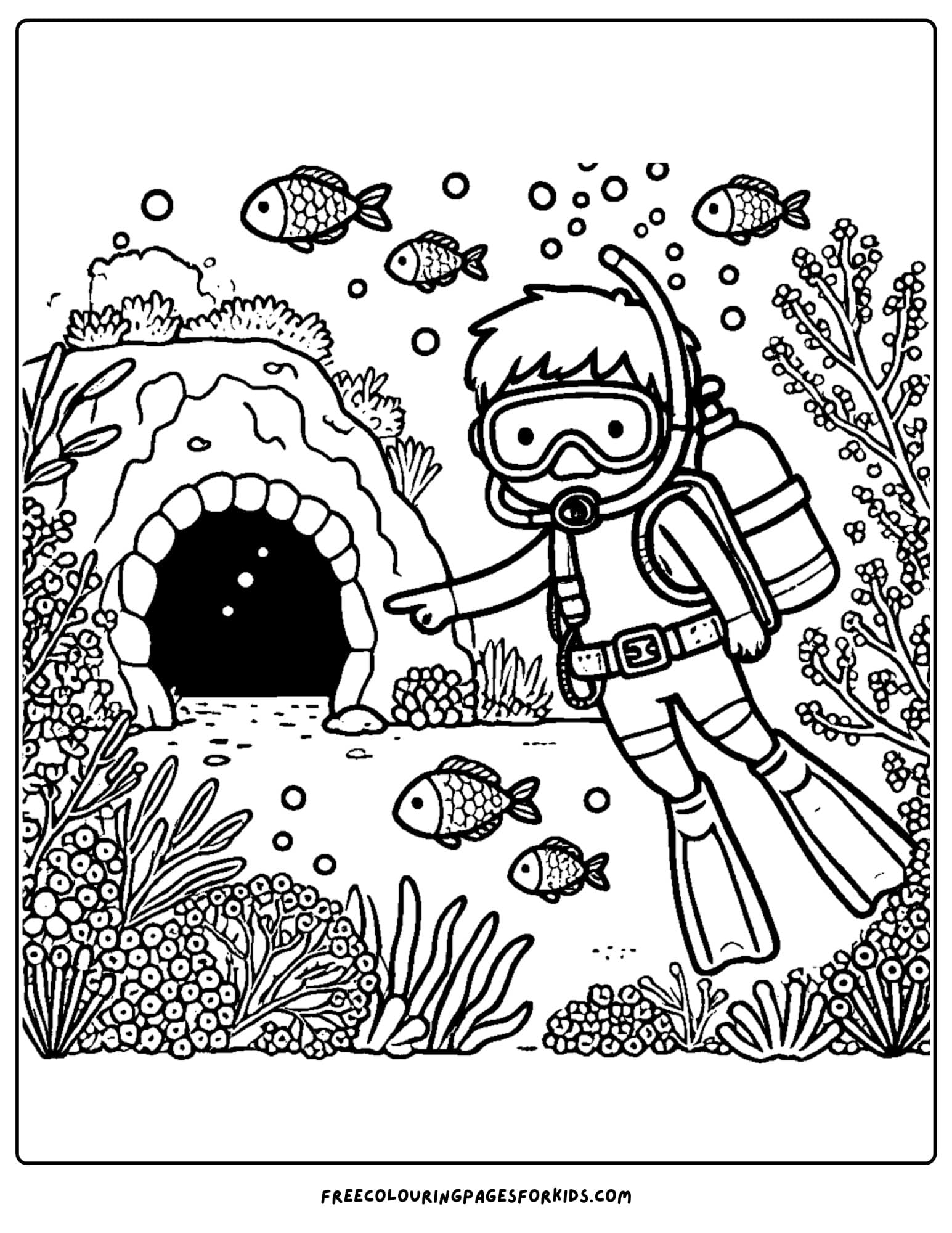 scuba diver about to explore a cave underwate coloring page