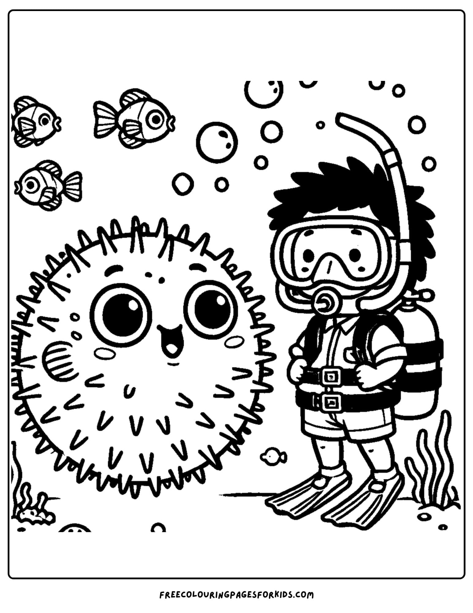 scuba diver and a pufferfish coloring page