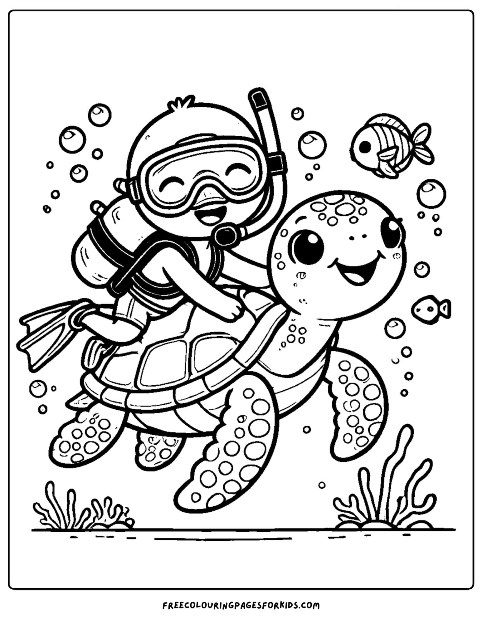 scuba diver riding a sea turtle coloring page