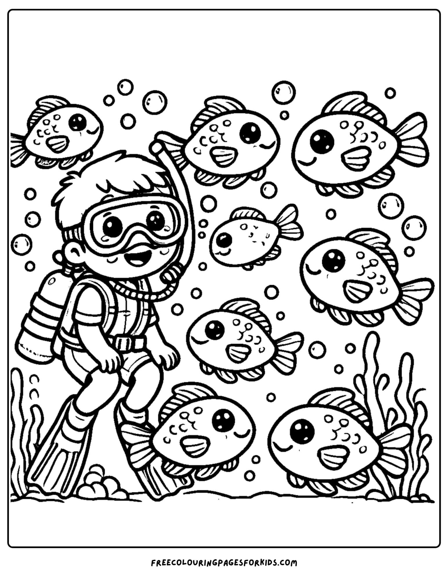 scuba diver and a school of fish coloring page