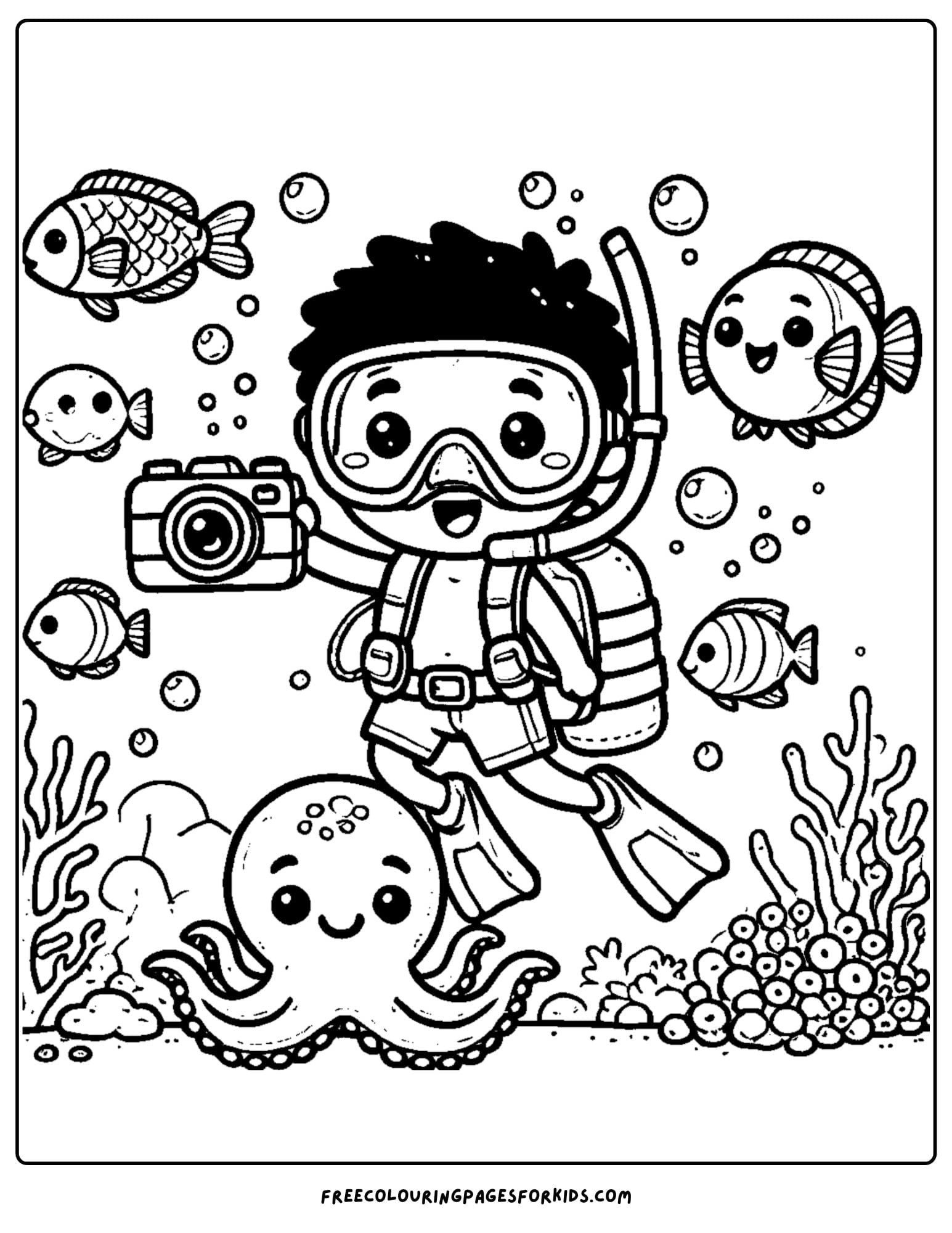 scuba diver taking a selfie coloring page