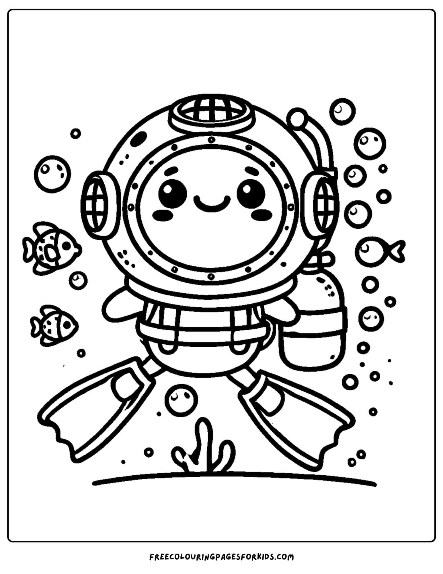 scuba diver and a diving helmet coloring page