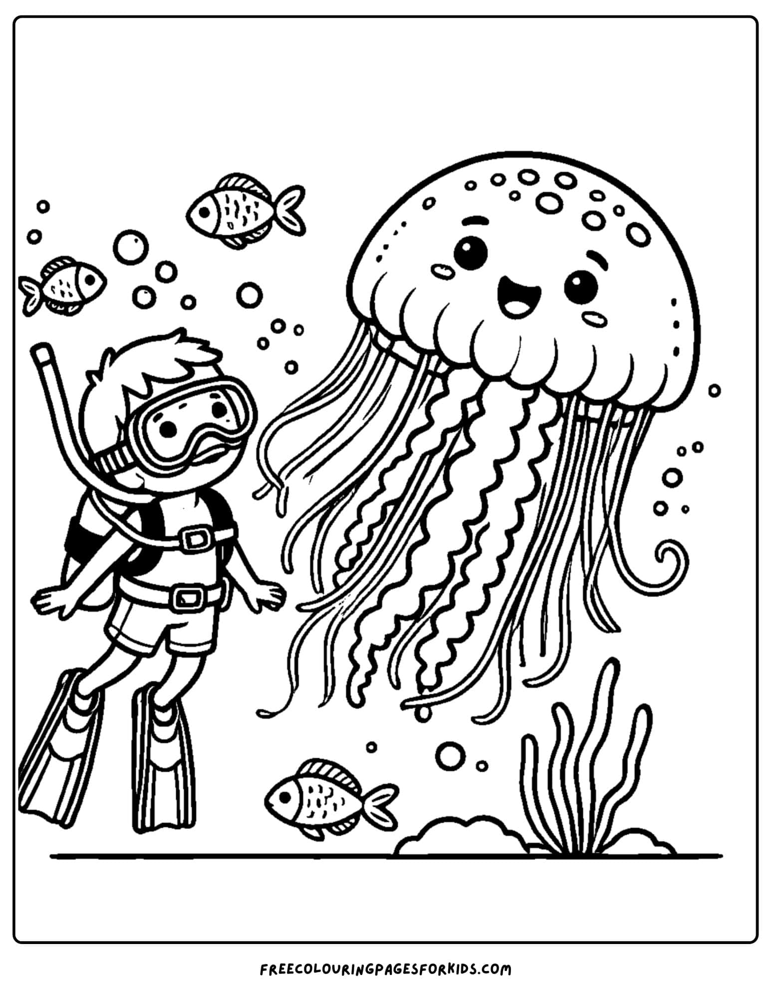 scuba diver and a jellyfish coloring page