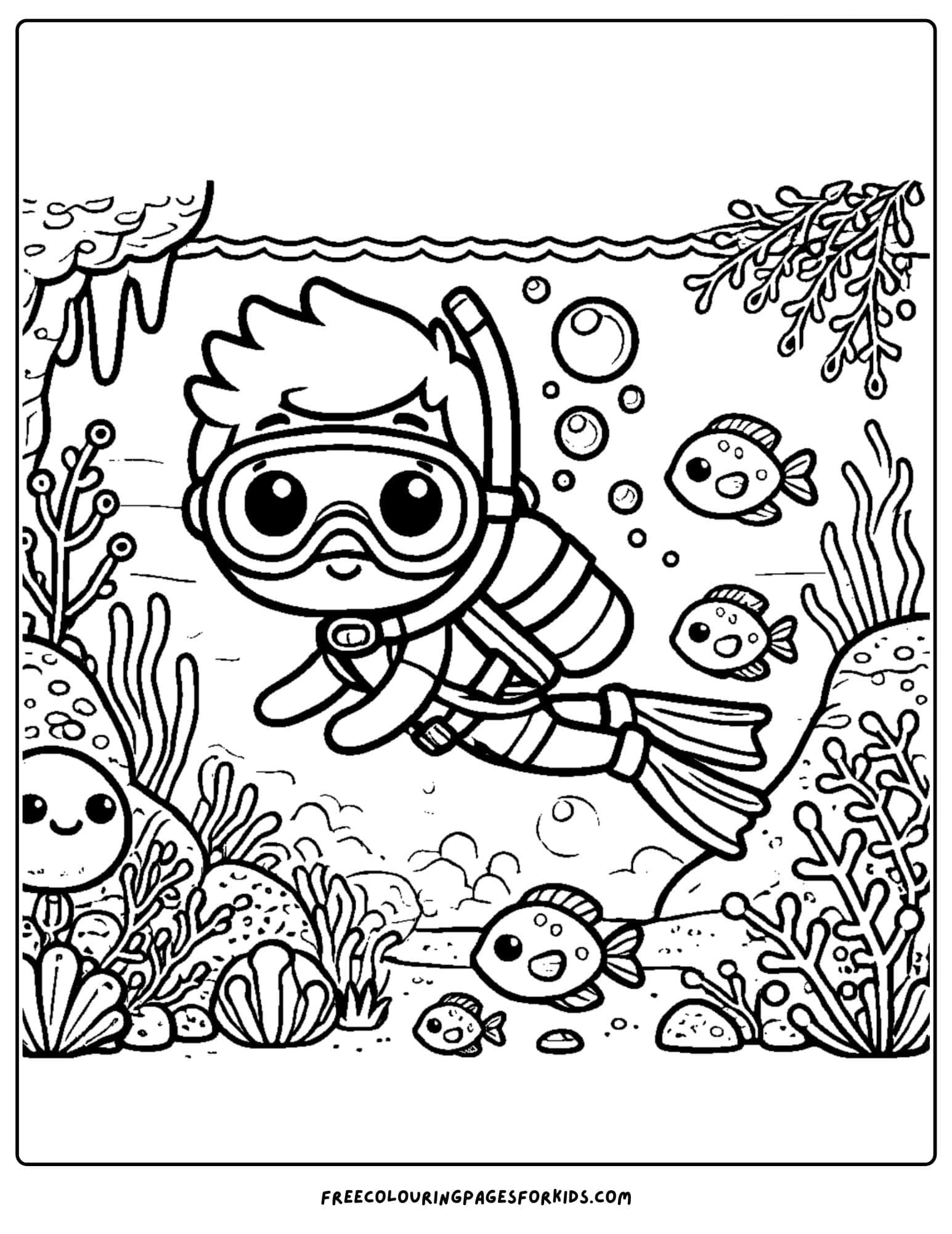 scuba diver swimming in a cave coloring page