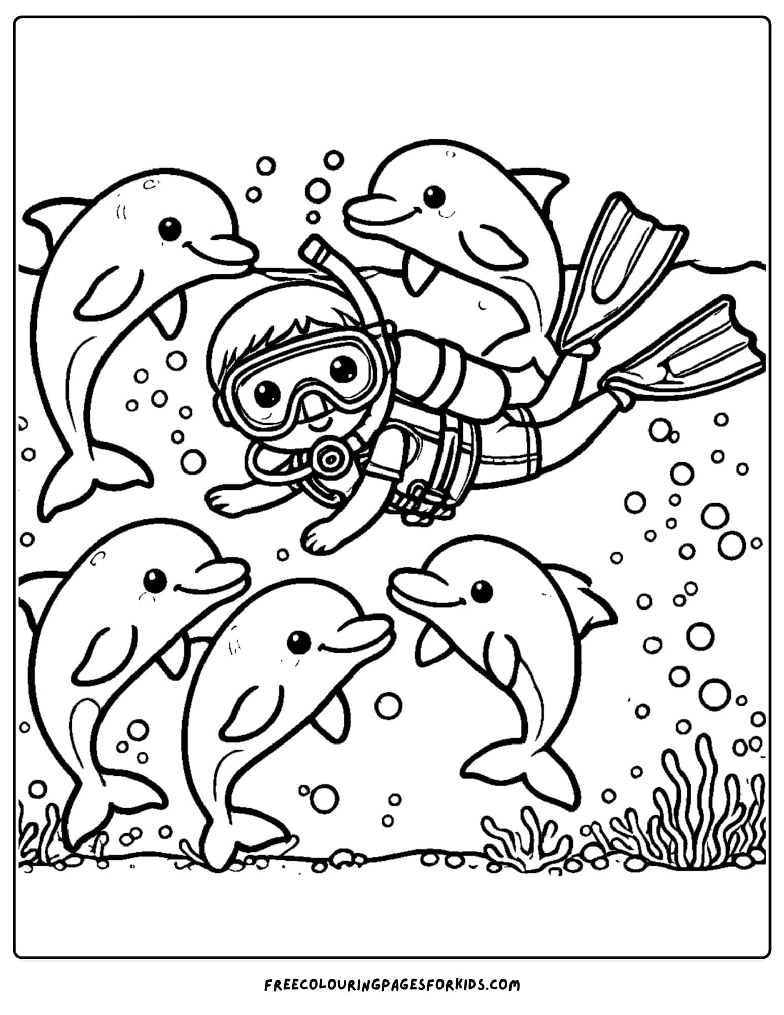 scuba diver and dolphins coloring page