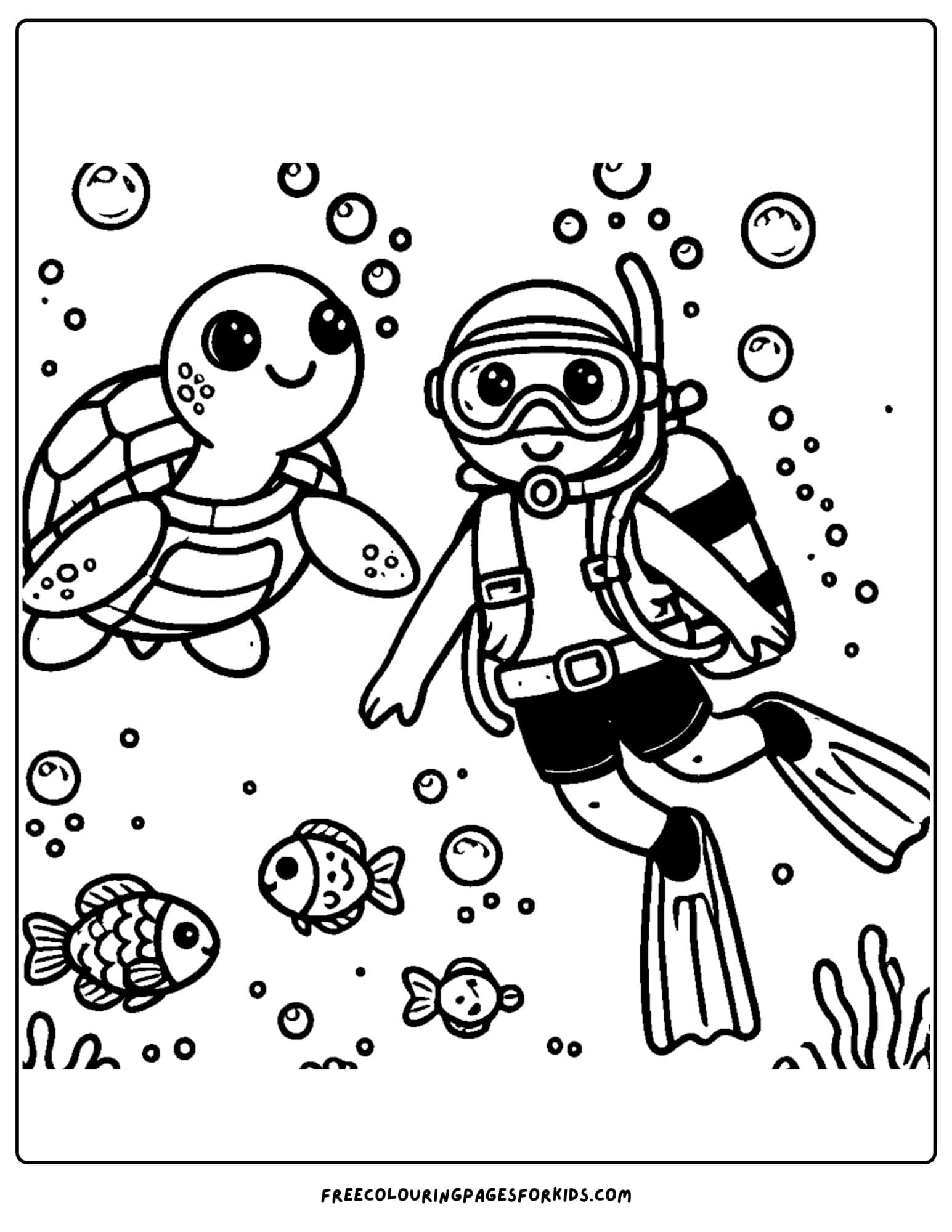 scuba diver and a sea turtle coloring page