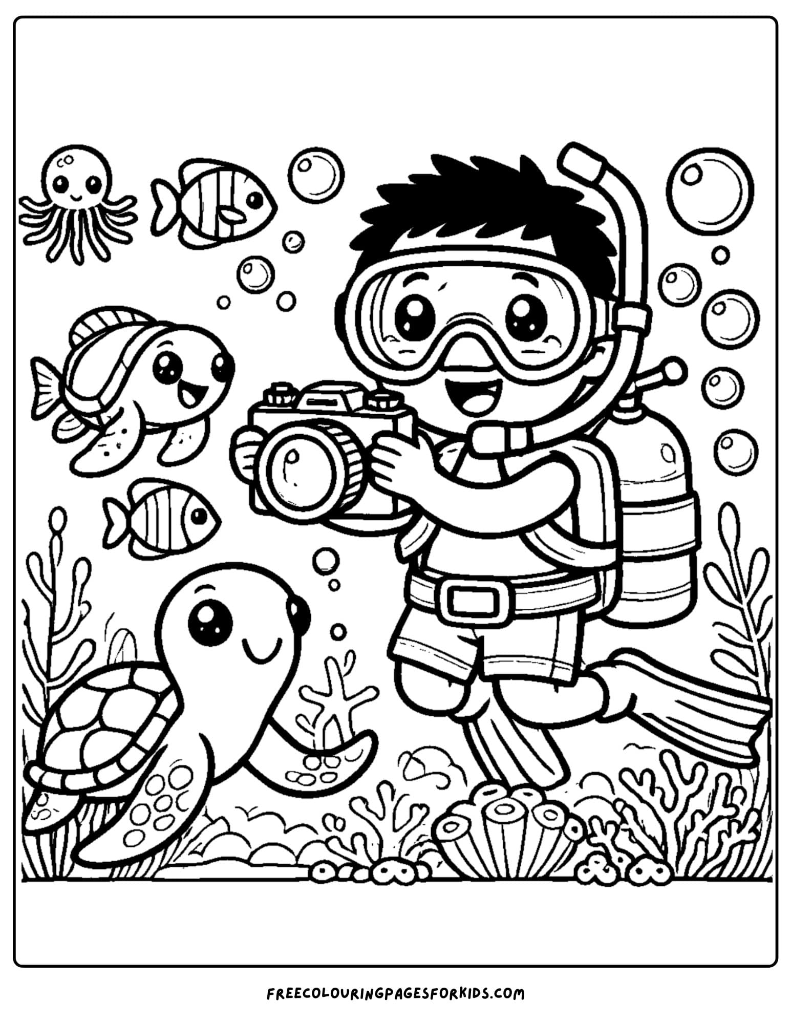 scuba diver photographing marine life coloring page