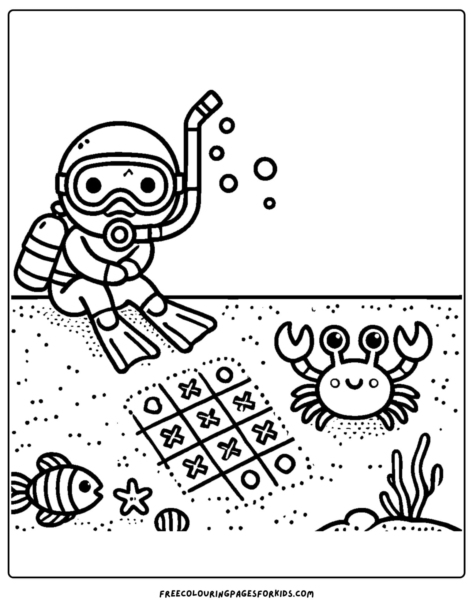 scuba diver playing with a crab coloring page