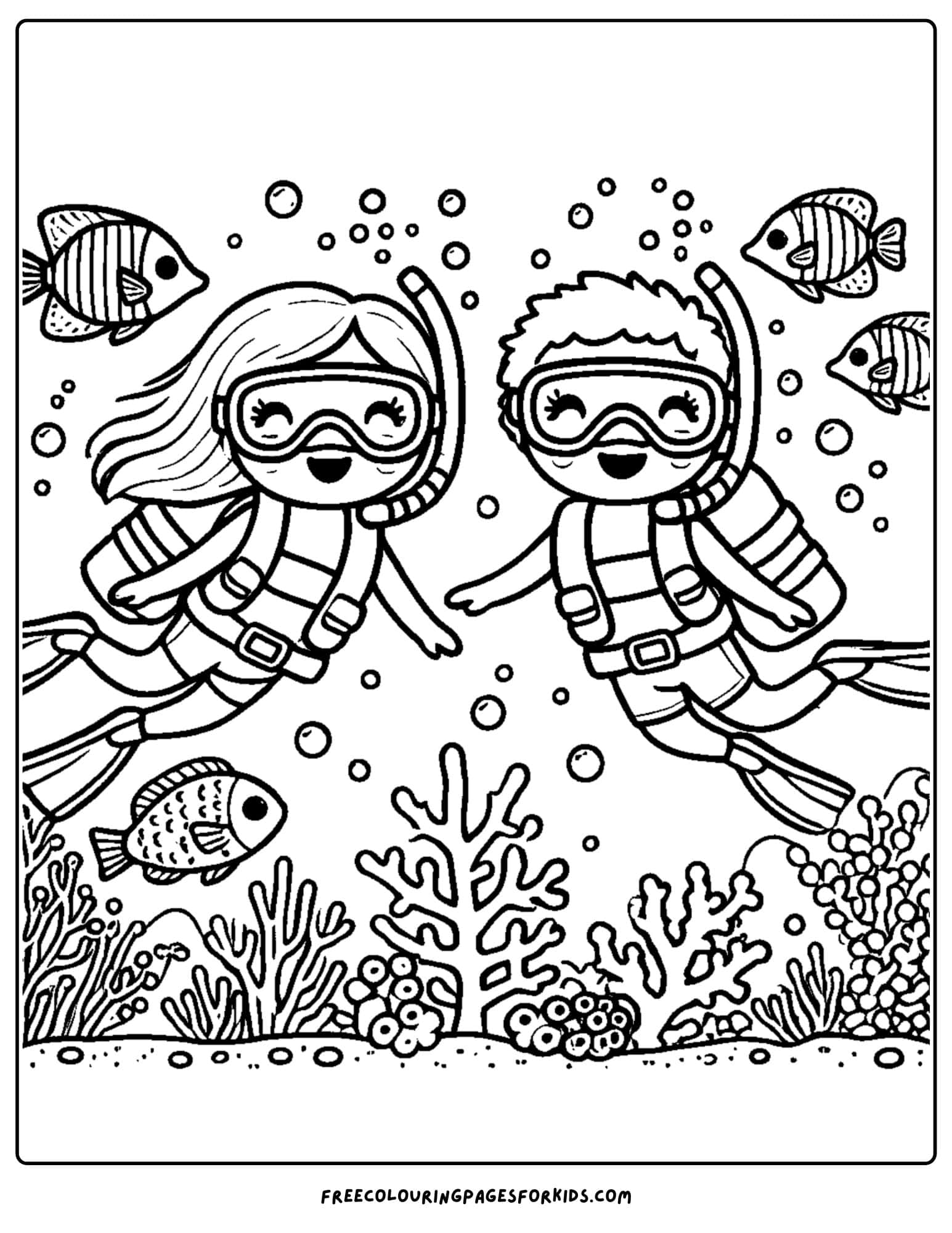 scuba divers exploring together playing coloring page