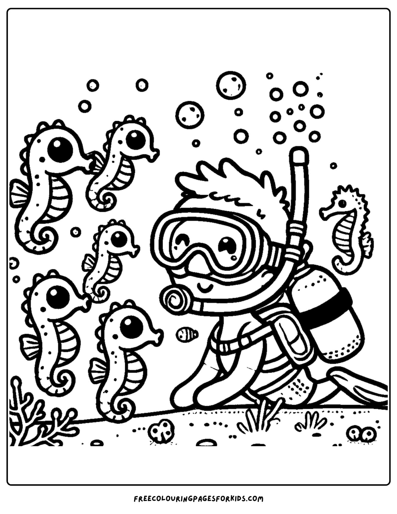 scuba diver looking at tiny seahorses coloring page