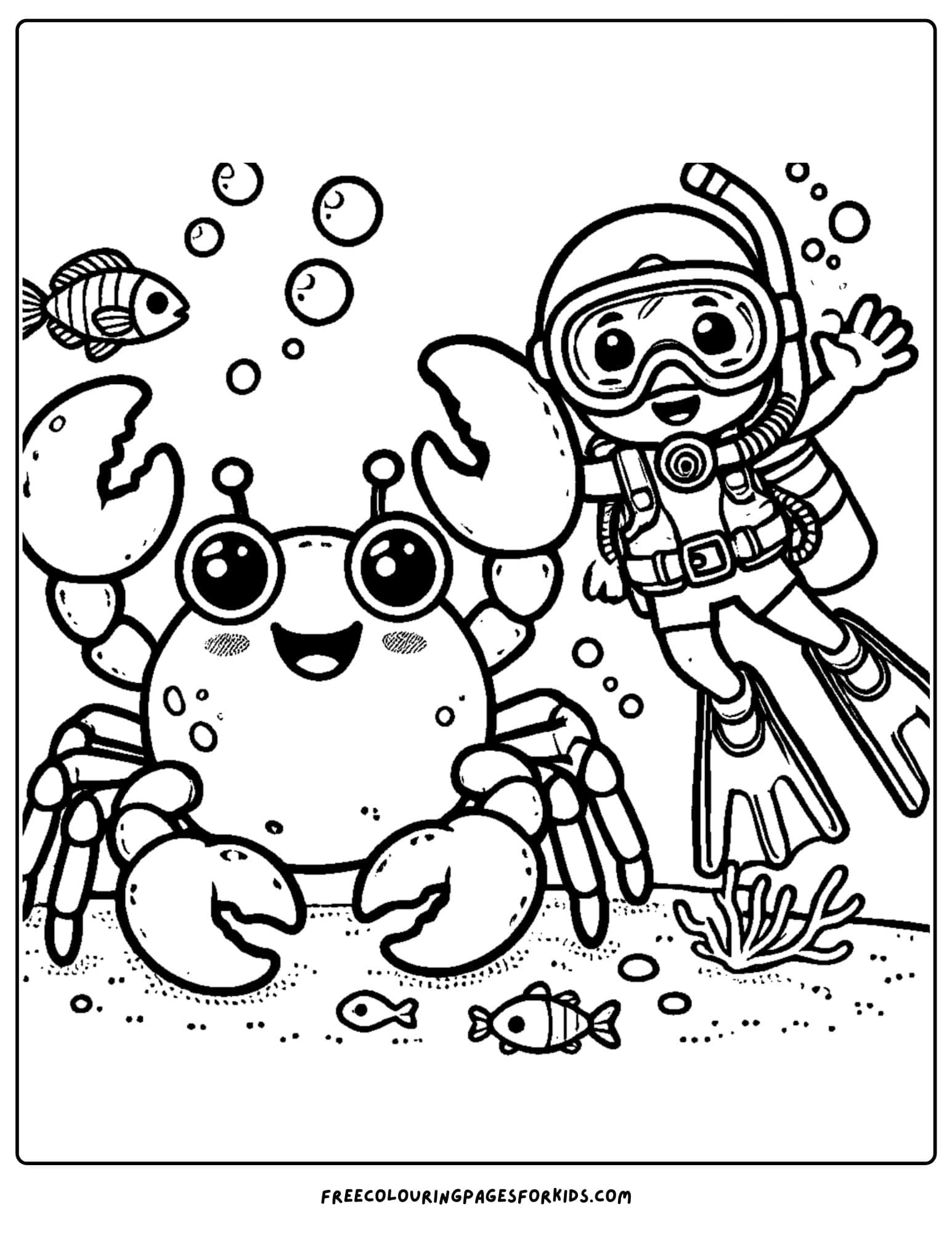 scuba diver and a crab coloring page