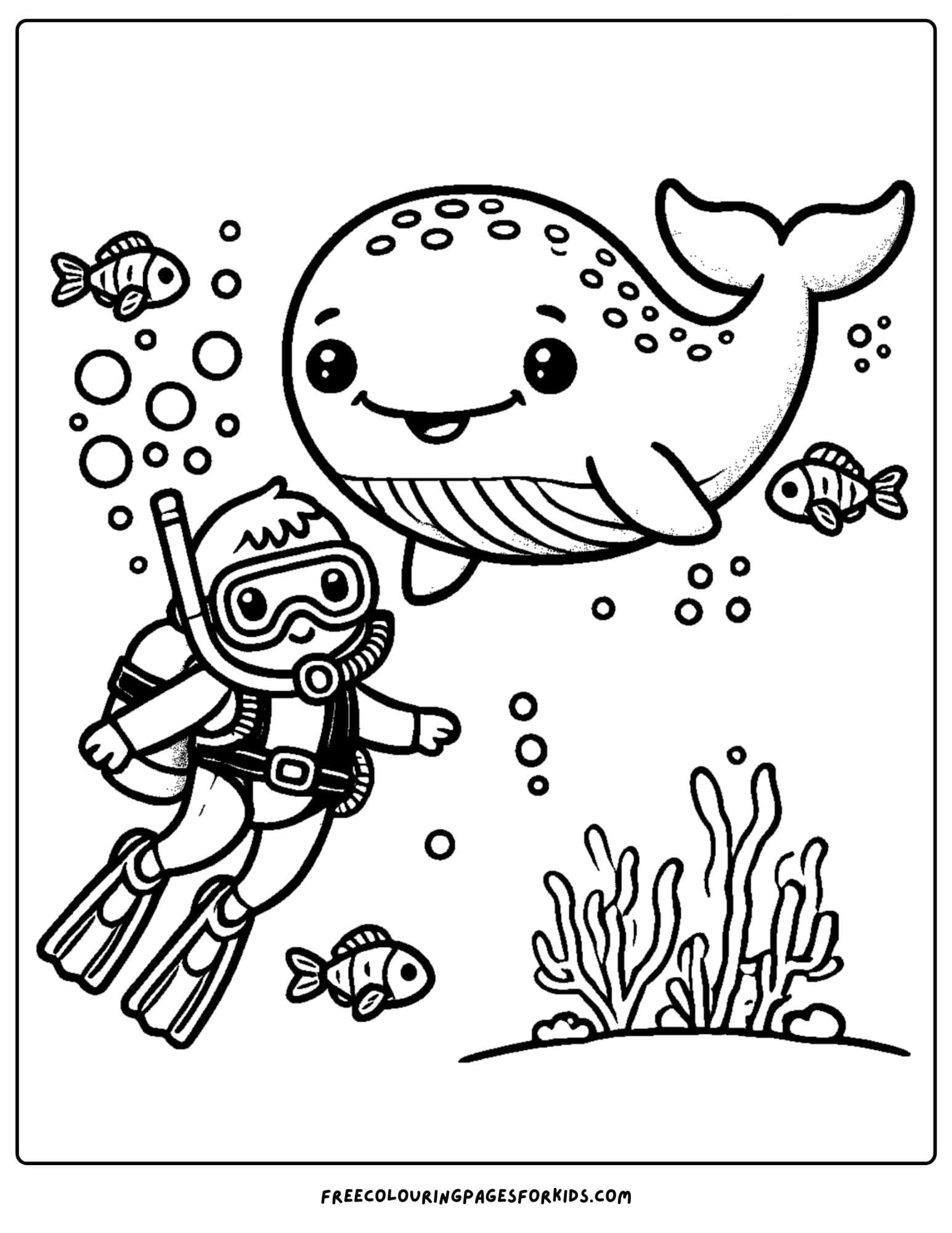 scuba diver and a whale coloring page