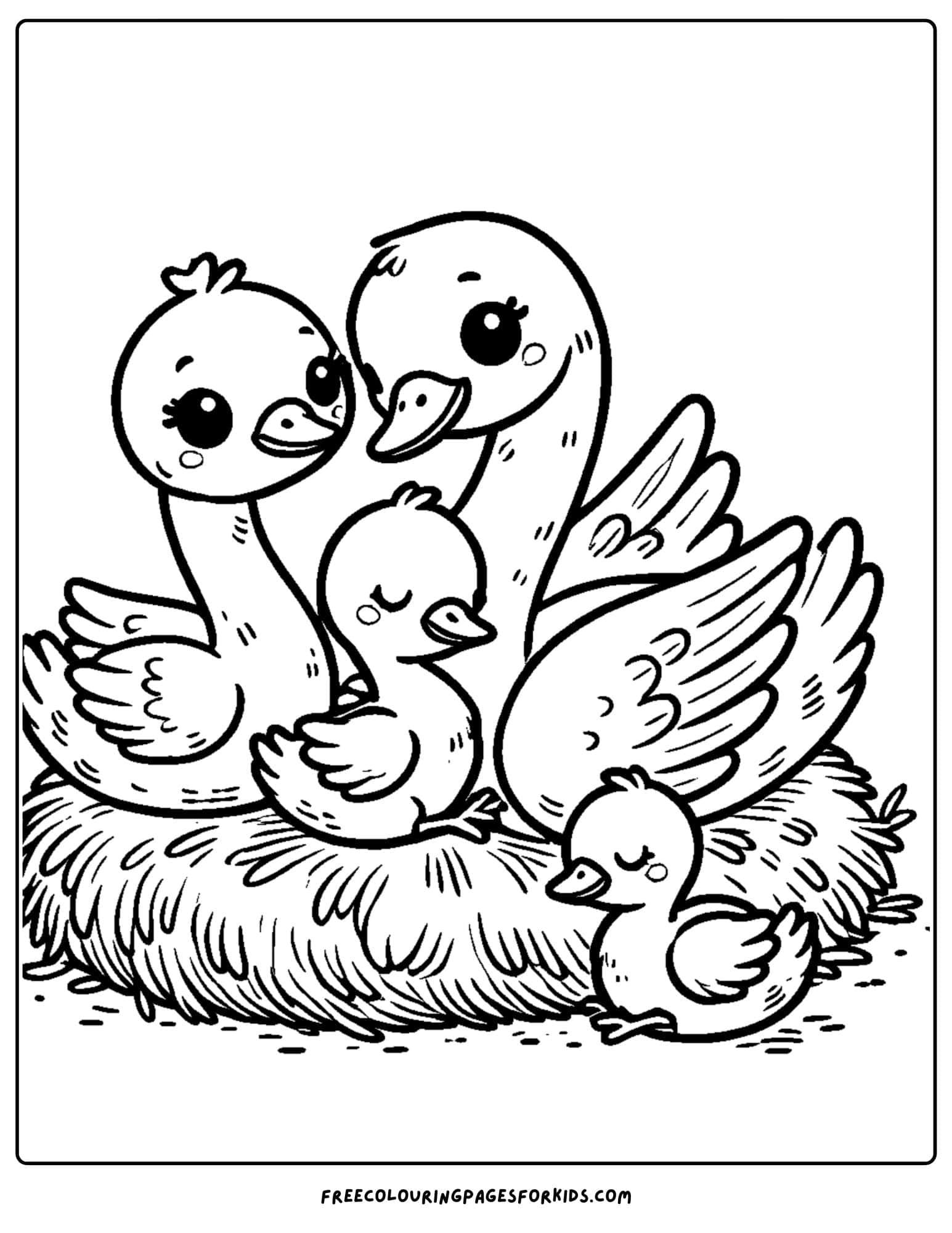 swan family together on a nest coloring page